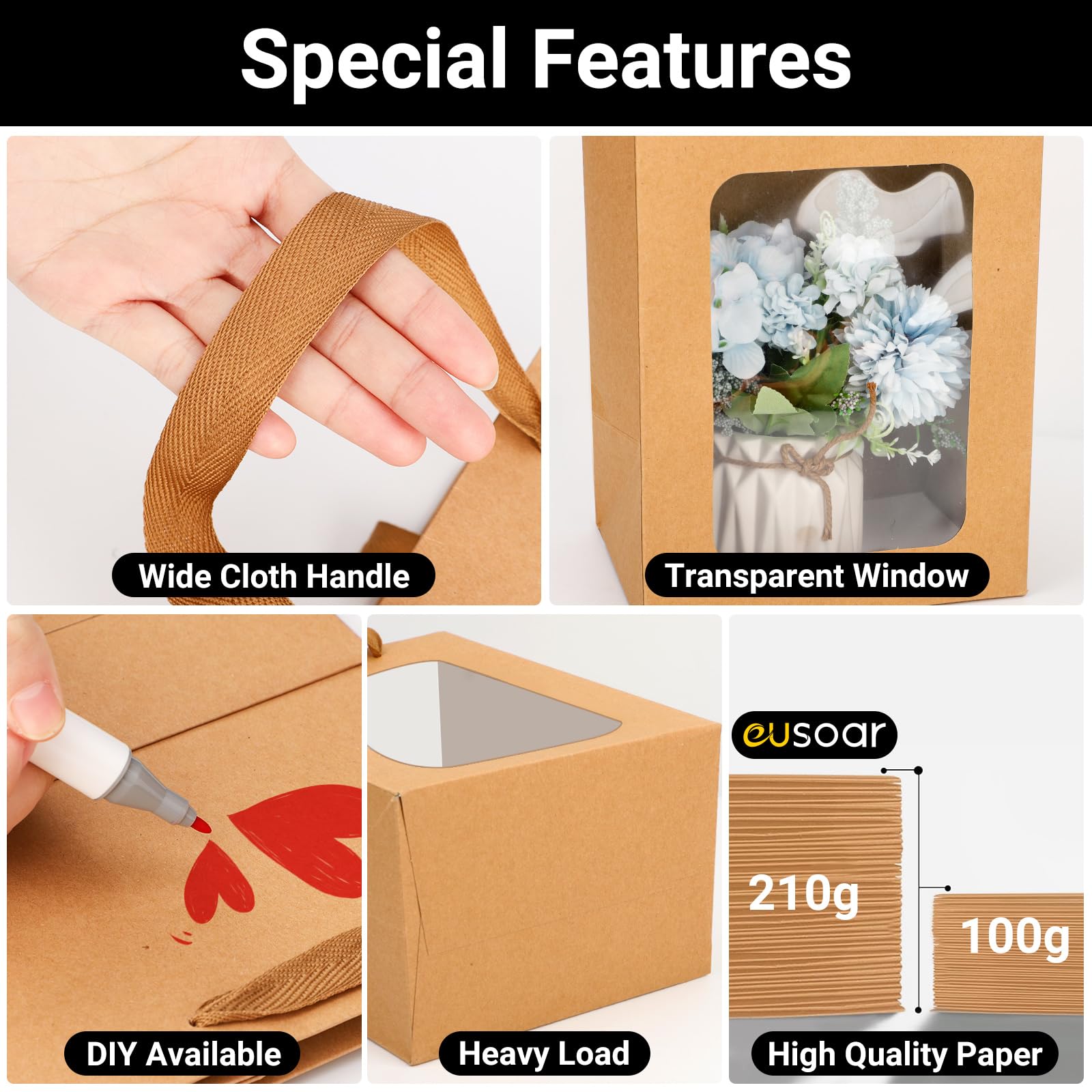EUSOAR Kraft Bolsas de Papel con Asas - 50 Pack Bolsas Regalo con Ventana - 18x13x15cm Marrón Bolsitas Regalo para Cumpleaños - 180GSM Papel Gift Bags para Envoltorio