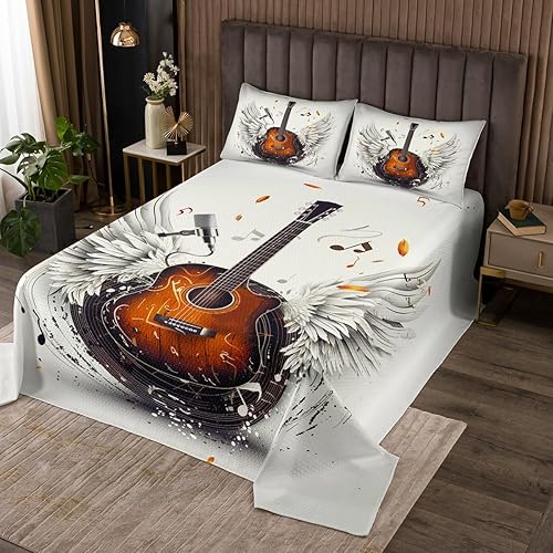 Manfei Colcha de guitarra para niños, tamaño individual, diseño retro de vinilo con notas musicales, alas de ángel, decoración de habitación de