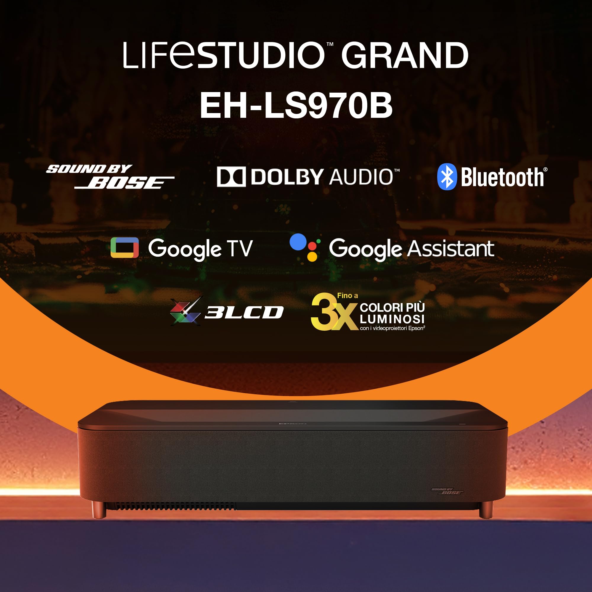 Epson Lifestudio Grand Plus EH-LS970B | Videoproiettore TV Laser Smart Ultracorto 4K | Home Cinema |4.000 Lumen | AI Imaging | Sound By BOSE | Google TV | Display Da 150''| Garanzia di 5 Anni | Nero