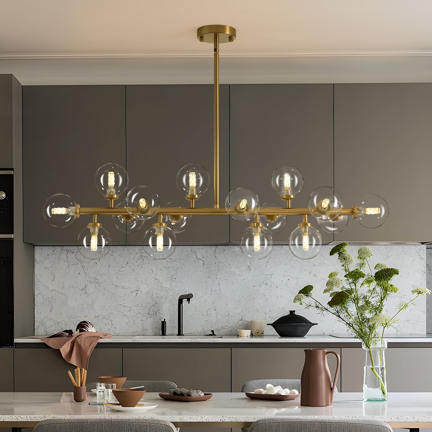 Gold Mid Century Modern Chandelier for Dining Room Light Fixture, 16-Light Glass Globe Bubble Linear Sputnik Light Fixture Chandelier for Kitchen Island Living Room, L39.4''