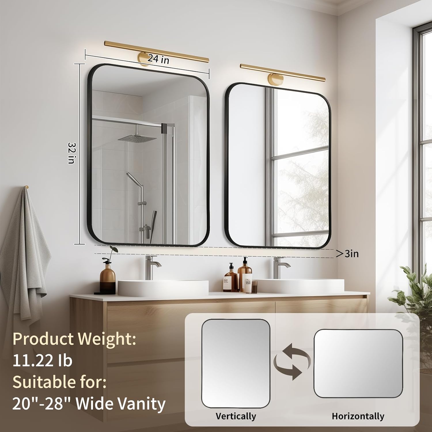 Black Bathroom Mirror, 24x32 Inch Aluminum Frame Rectangle Mirror, Anti-Rust, Tempered Glass, Wall Mirror for Over Sink, Vanity, Bedroom, Entryway, Horizontal/Vertical