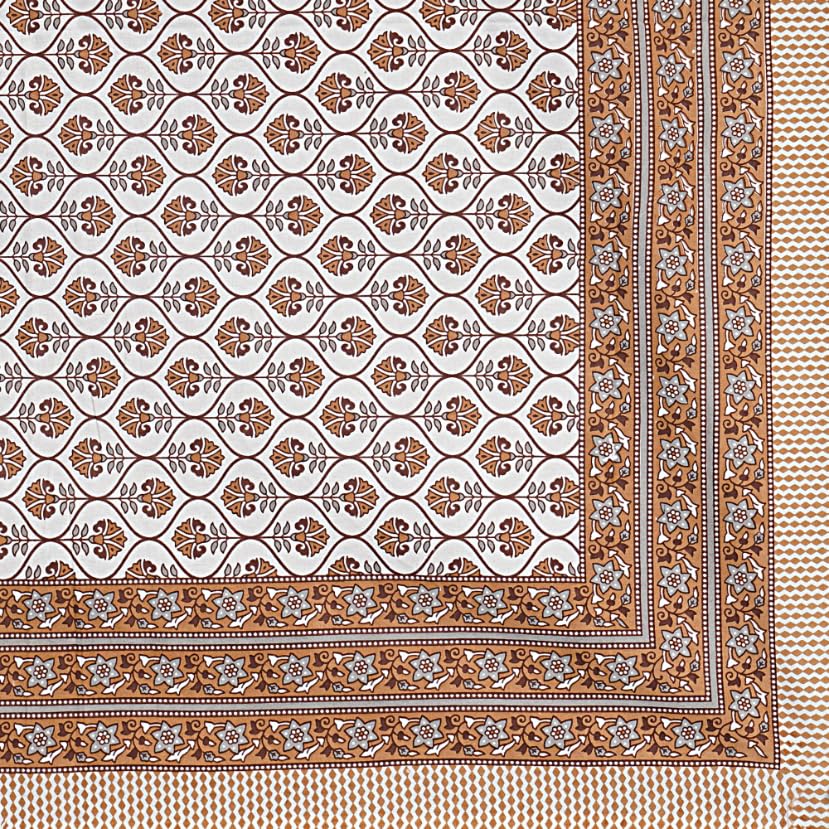 Image of Living Roots Jaipuri Hand Block Print Double Cotton Bedsheet & 2 Pillow Covers, for Mattress Upto 8 inches Thick, No Colour Bleeding, Orange Colour, Super King Size 96 * 104 inches, 150TC (573-B)