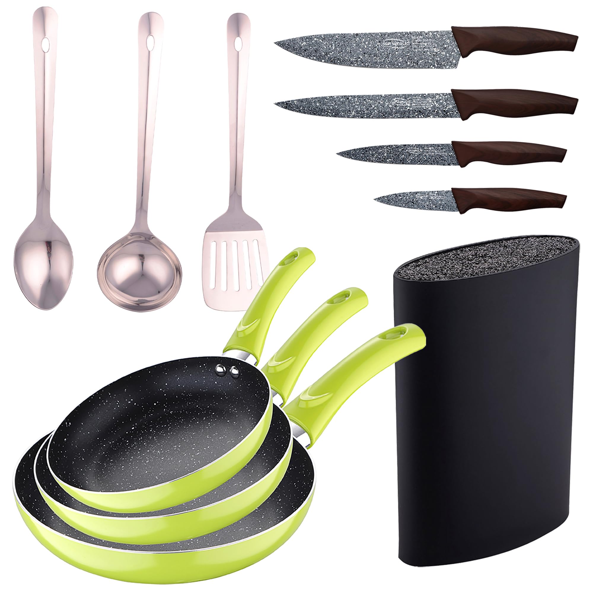 Set 3pc sarten aluminium pressé vert avec Set 3 pc ustensiles de cuisine en acier inoxydable avec Set 4pc couteaux en acier inoxydable avec Tacoma