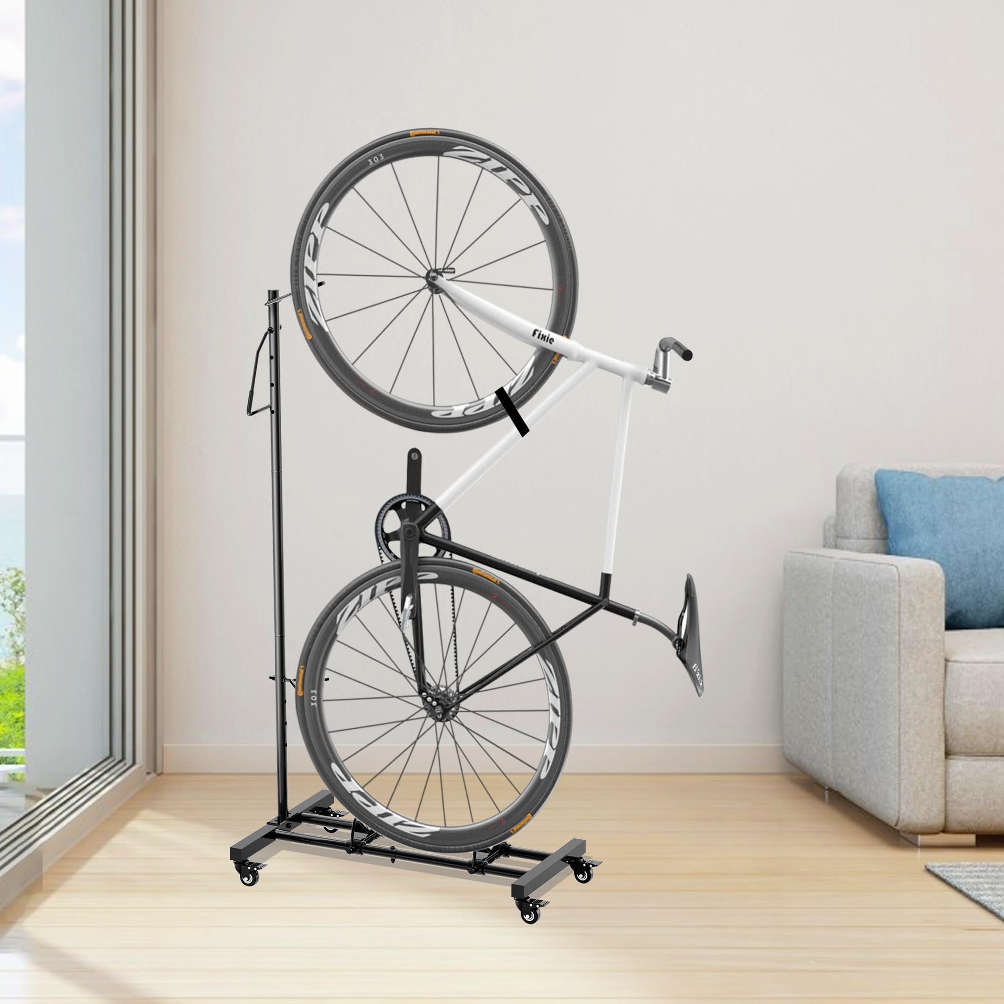 Mimoke Portabici con ruote, per mountain bike e bici da corsa fino a 29 pollici, regolabile in altezza, salvaspazio, ideale per appartamenti