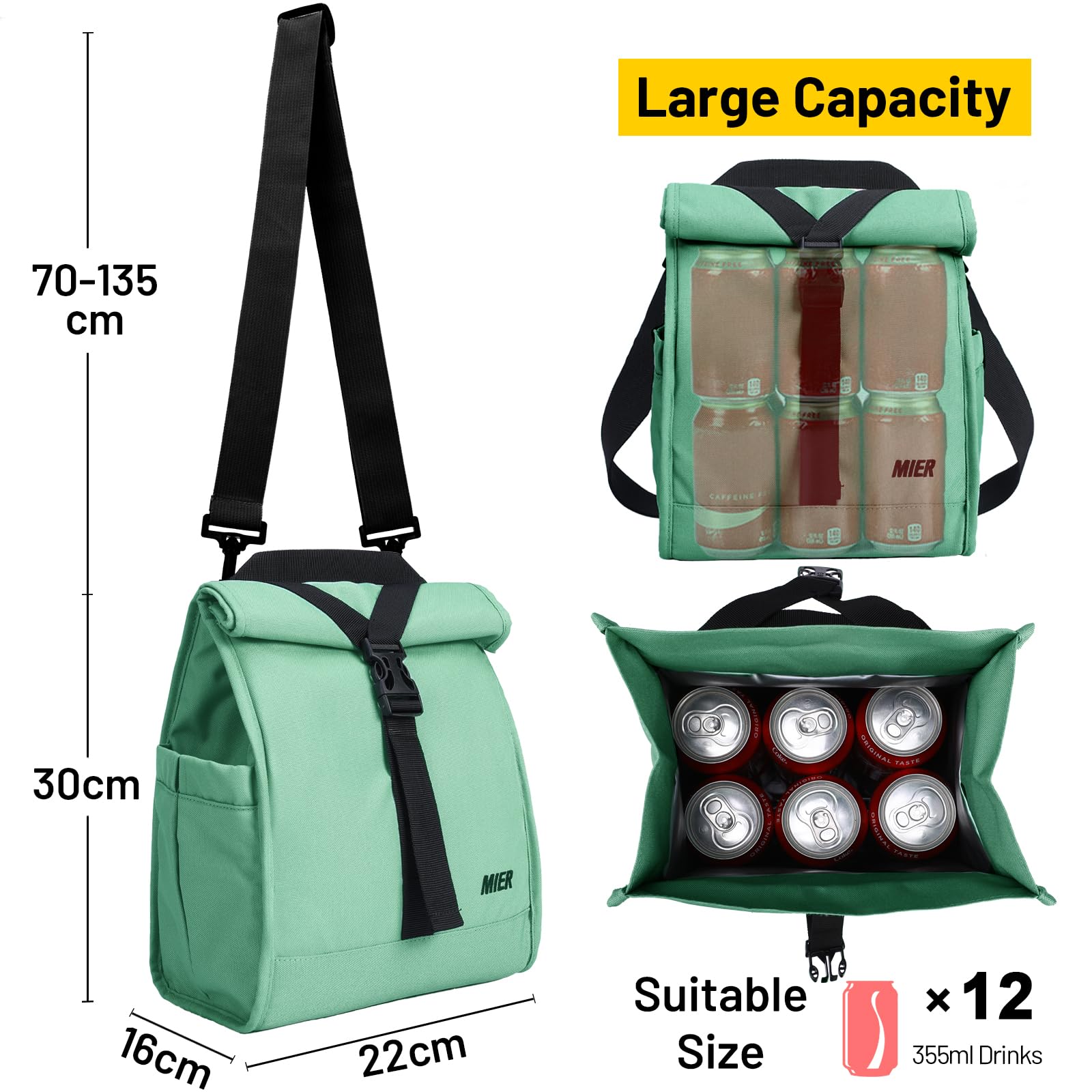 MIER Lunch Bag Rolltop Cool Bag Insulated Cooler Bag Women Men Lunch Tote Bag with Shoulder Strap for Work Travel Picnic 9L,Green - Image 2