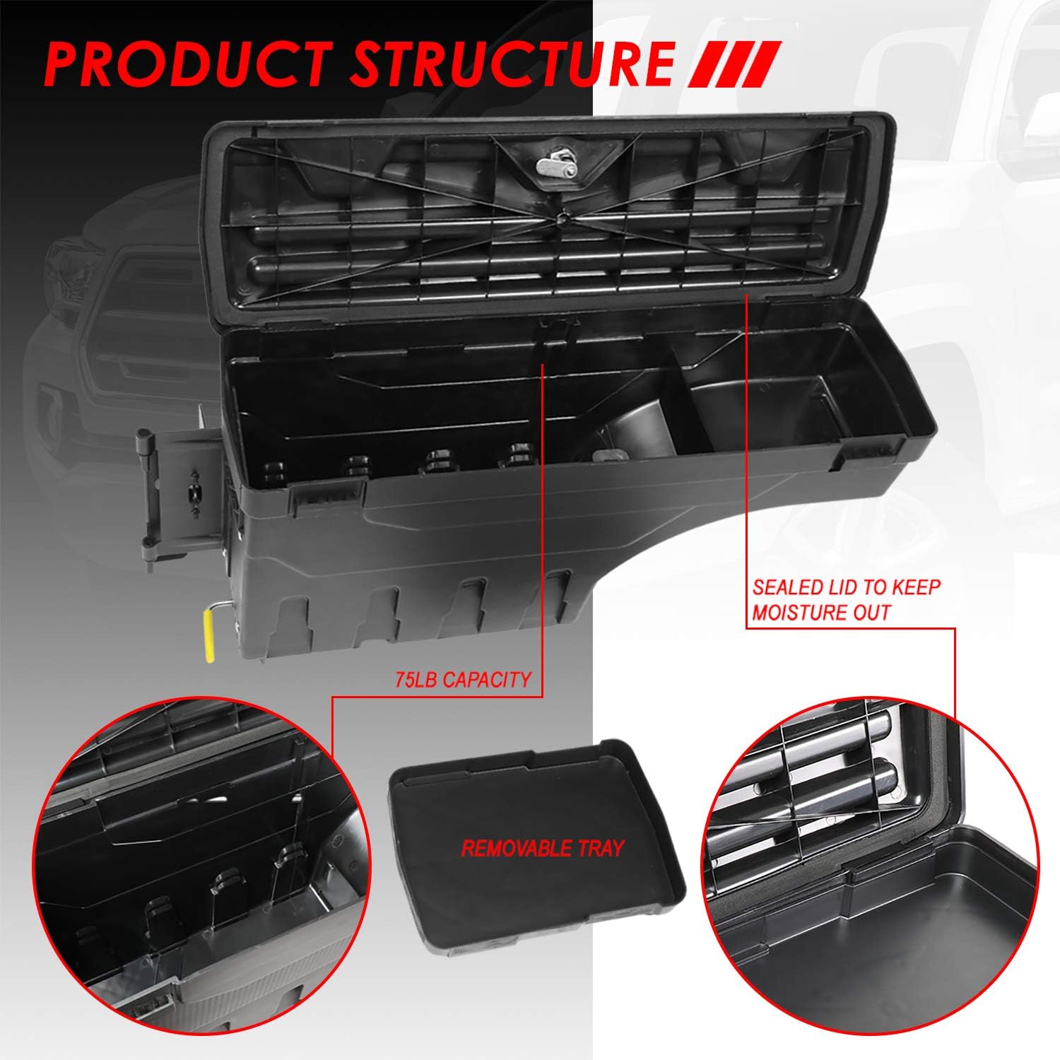 Auto Dynasty Truck Bed Storage Case Wheel Well Tool Lockable Box Compatible with Toyota Tacoma 05-19, Driver Left Side