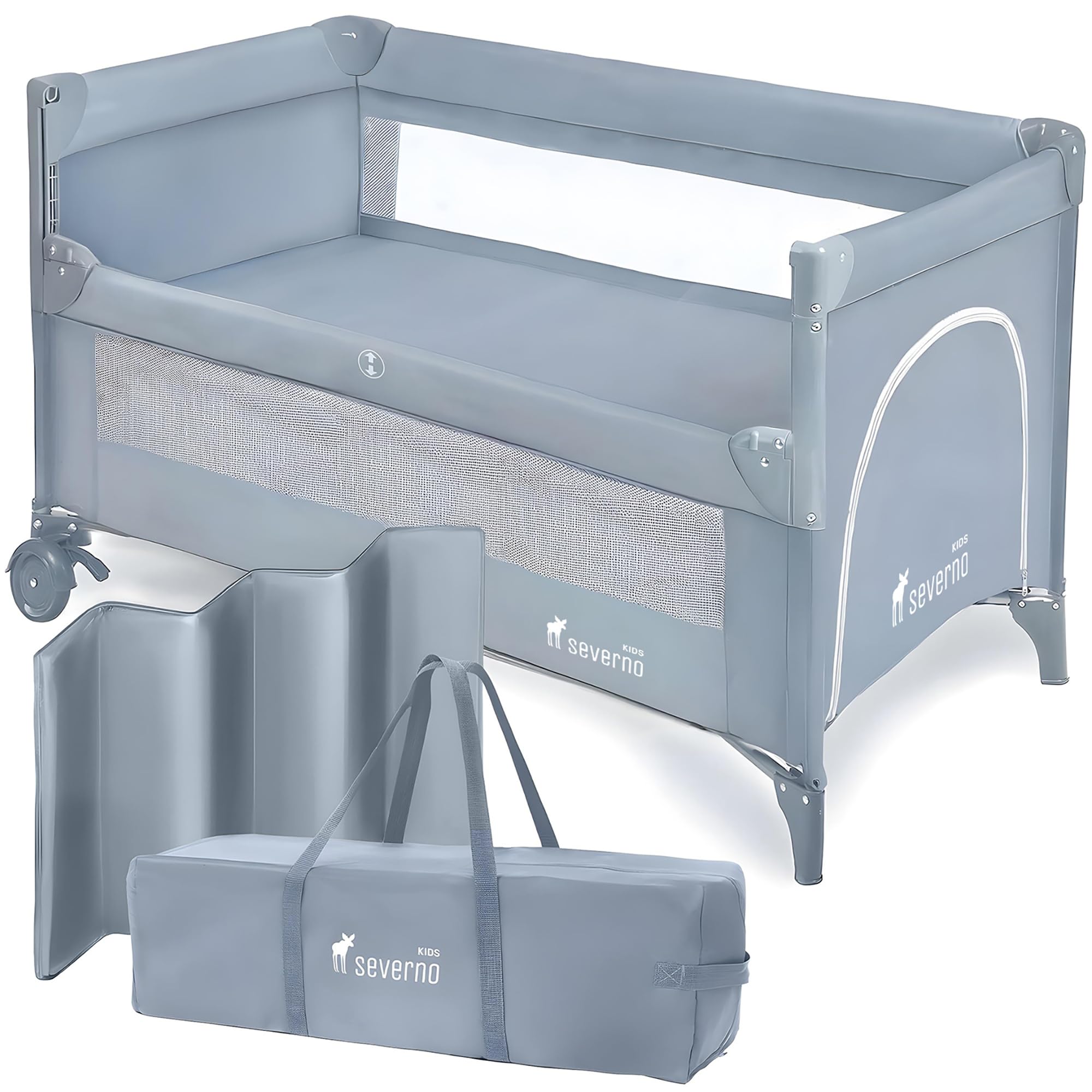 SEVERNO Babybetten, Reisebetten, Beistellbett, Kinderreisebett, Laufstall, für Babys und Kinder ab Geburt bis 15 kg, Kompakt Faltbar, Rollen und Transporttasche, Close to Mommy grau, 120x60 cm
