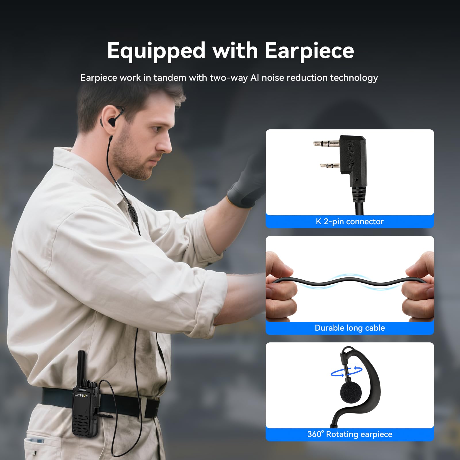 Retevis B64 Walkie-Talkie Bidireccional con Auricular, Insonorizado con IA, PMR446, Fácil de Usar y Resistente al Desgaste, Ideal para Reparación de Automóviles(Negro, 10 Unidades)