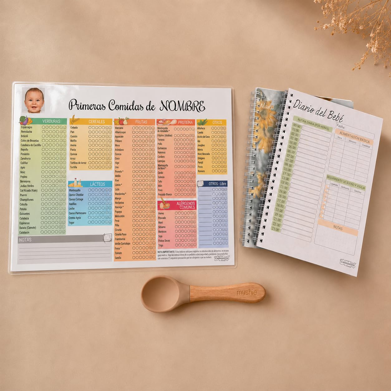 Tabla de Alimentación y Diario del Bebé 60 Días | Registro Primeros Alimentos en Español e Inglés | Personalised Baby Feeding Chart & Meal Tracker | Reusable Laminated Solids & BLW Table
