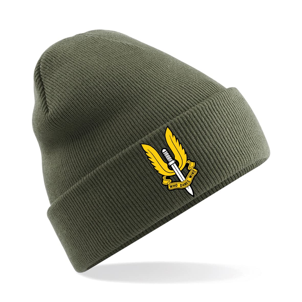 Psave Men's Military Green Sas Special Air Service Who Dares Wins Insignia Premium Embroidered Beanie Hat, Bob Hat British Army Military (Military Green)