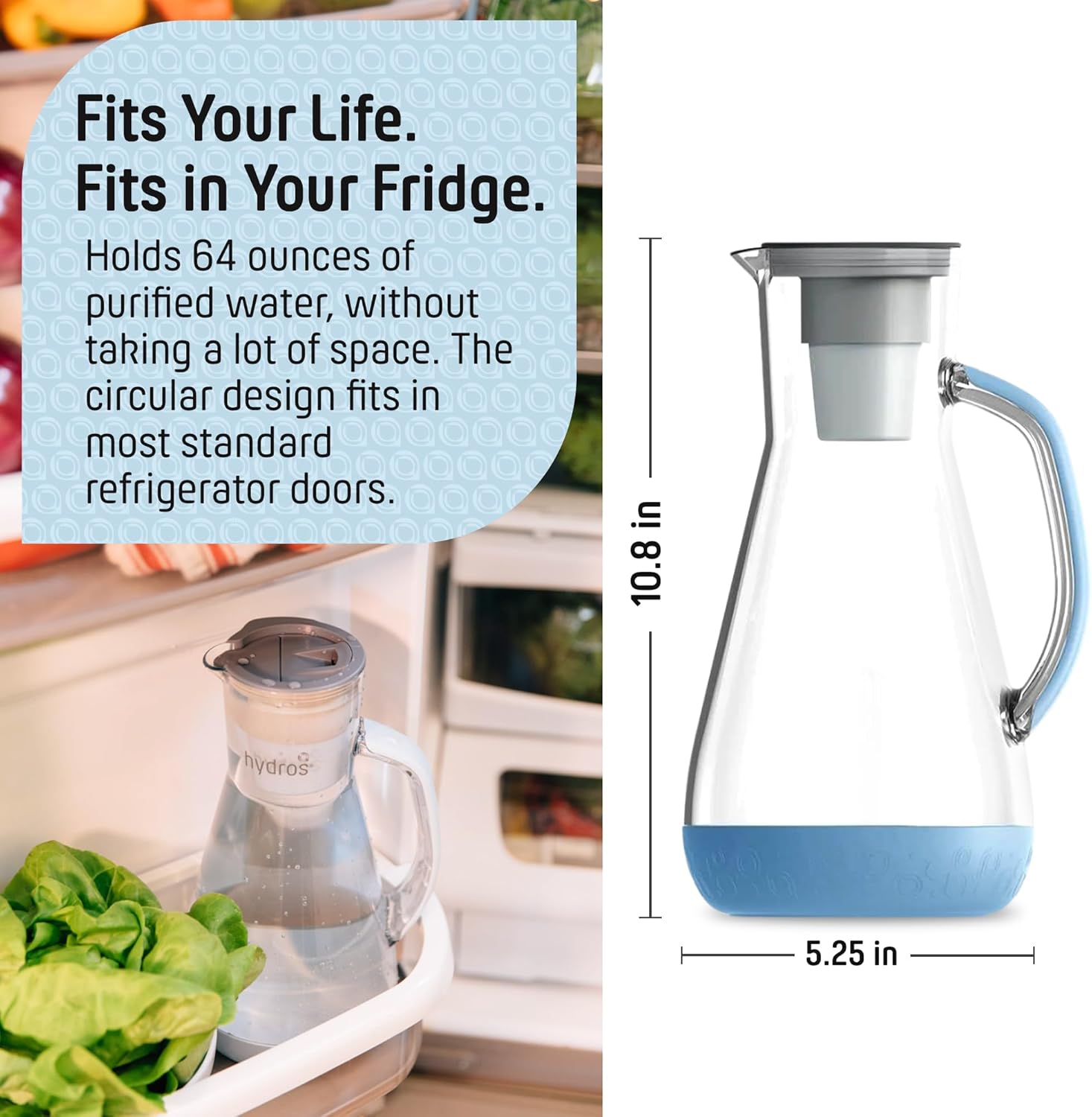 Hydros 64 Ounce Water Filter Pitcher with Patented Fast Flo Tech, 60 Second Quick Fill-Up and BPA-Free Recyclable Filter, Eight Cup Capacity, Blue