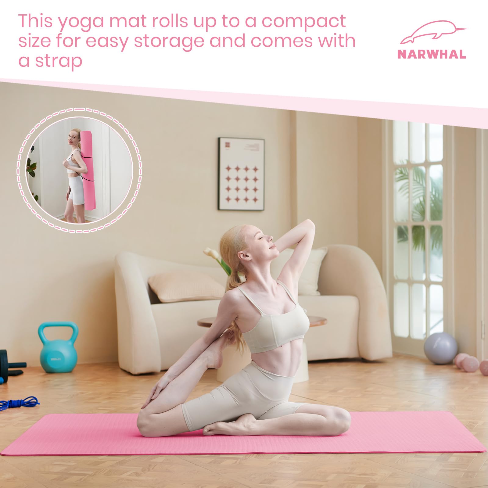 Narwhal Tappetino da yoga in TPE antiscivolo, misura grande, XXL, 190 x 80 x 0,6 cm, spessore 6 mm, tappetino da yoga per donne e uomini, per esercizi in palestra, pilates, fitness e allenamento