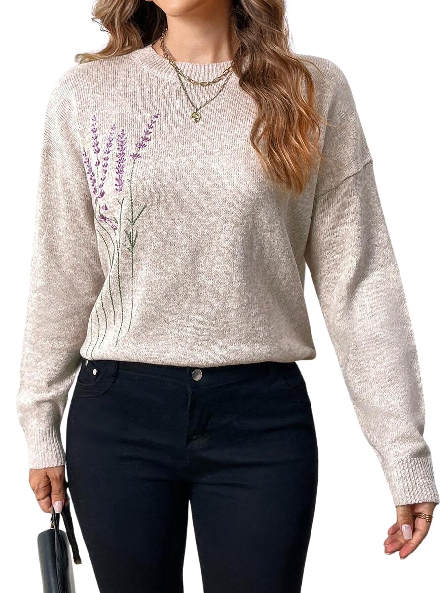 Womens Floral Print Long Sleeve Crew Neck Sweater Long Sleeve Tops Knitted Sweater
