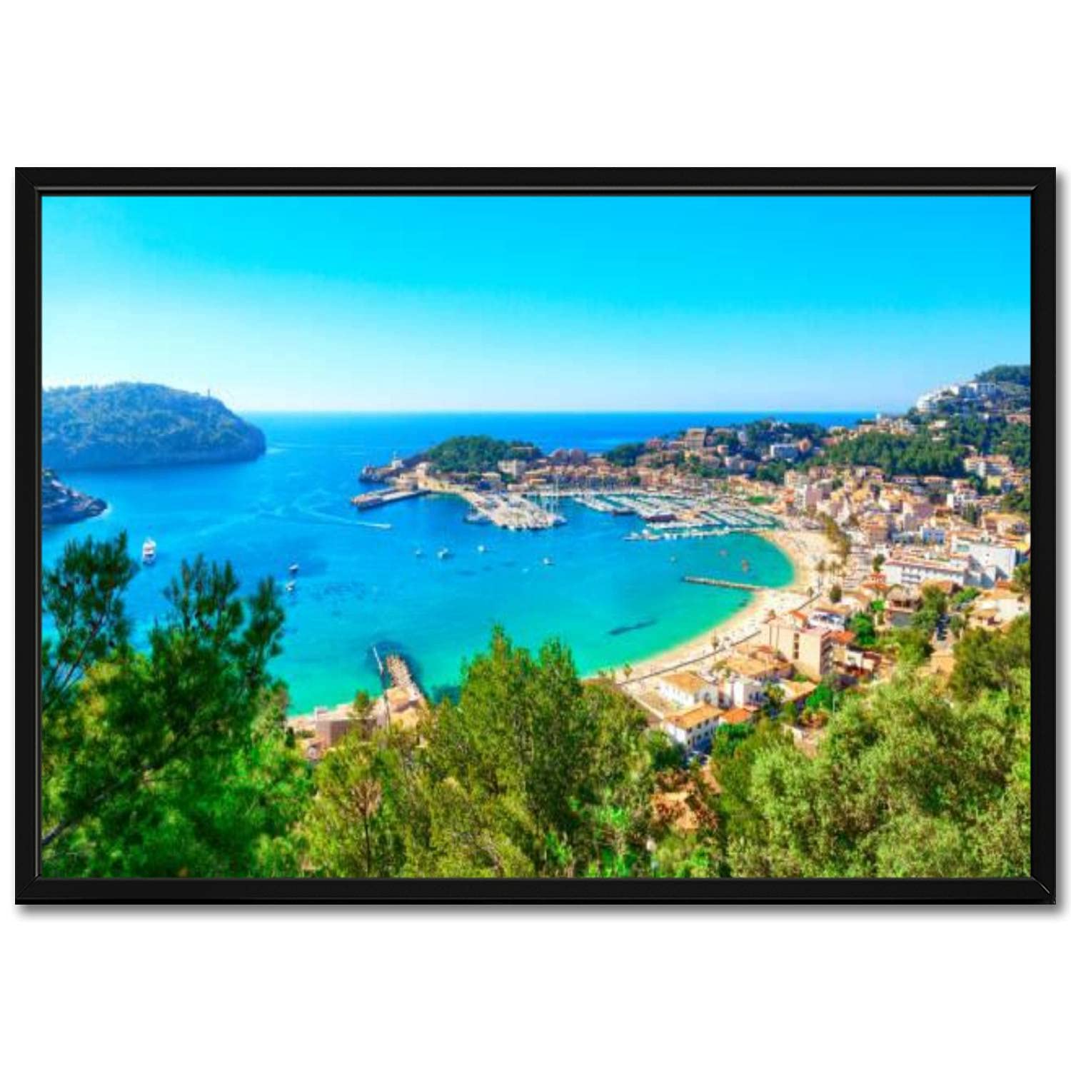 Black Framed Wall Art Picture on Canvas Port de Soller Mallorca Spain Poster Artwork Stretched & Framed Paintings Home Decor Living Room Ready to Hang 23"X34"