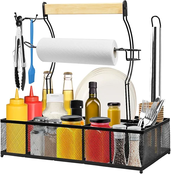 sunmeg Grill Caddy for Camping Outdoor BBQ Organizer with 2 Paper Towel Holders, Picnic Condiment Utensil Caddy with 8 Compartments Storage Tool Gift for RV Camper/Tailgate Essentials/Flatware Must