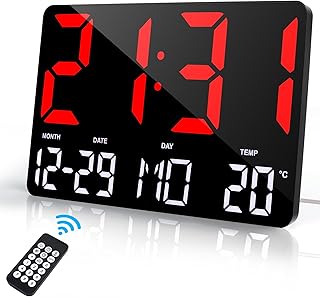 Lafocuse 12" LED Reloj de Pared Digital con Pantalla Grande, Silencioso Reloj Digital Sobremesa con Temperatura, Fecha, Alarma, Snooze, 12/24 Horas, Brillo Ajustable, para Salon Cocina Oficina, Rojo
