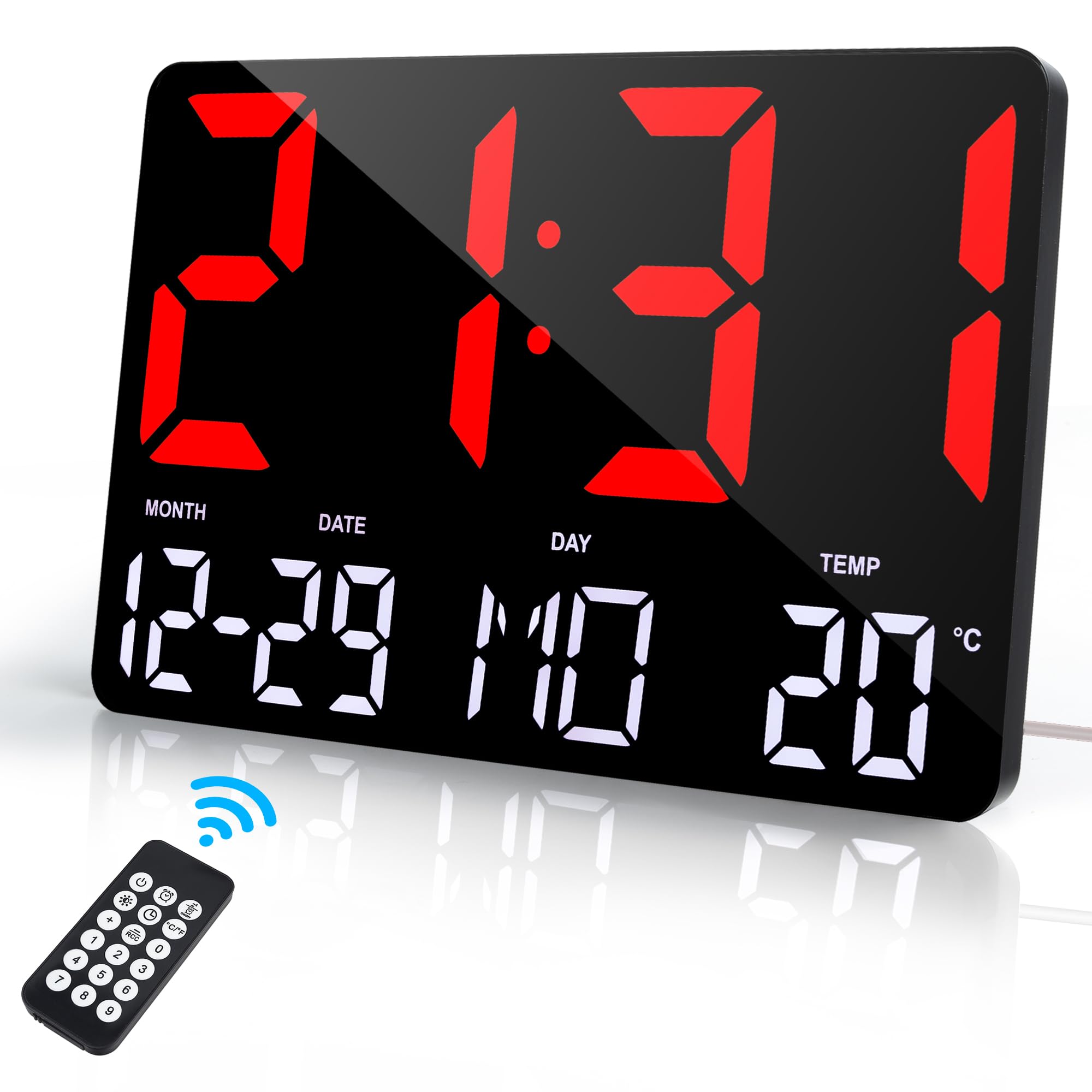 Lafocuse Orologio da Parete Digitale 12" LED Grande, Orologio da Tavolo Scrivania con Telecomando, Temperatura, Calendario, Sveglia, Snooze, 12/24 Ore per Cameretta Soggiorno Cucina Casa, Rosso