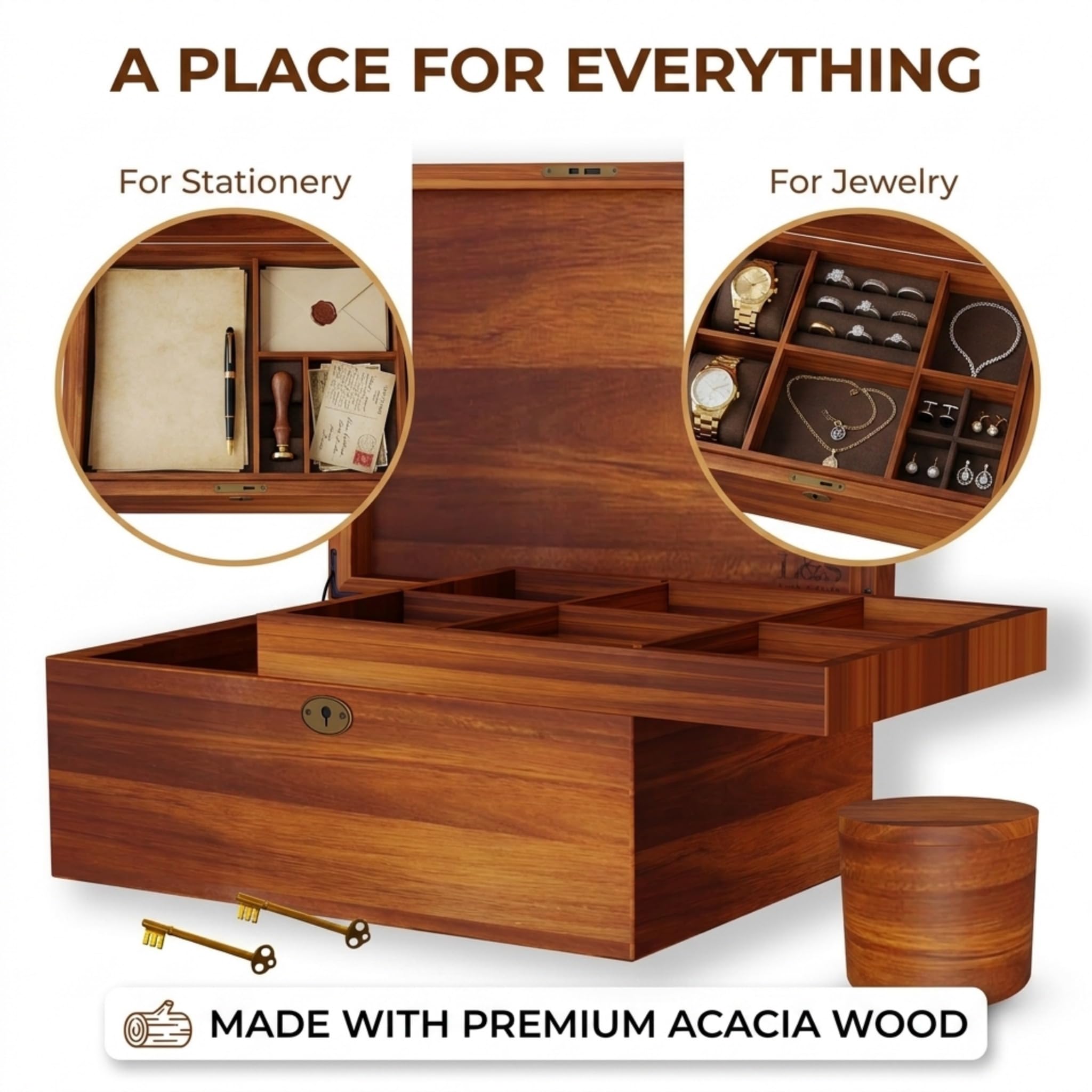 Amazon.com: LUSH & STYLE Acacia Wooden Box, Keepsake With Hinged