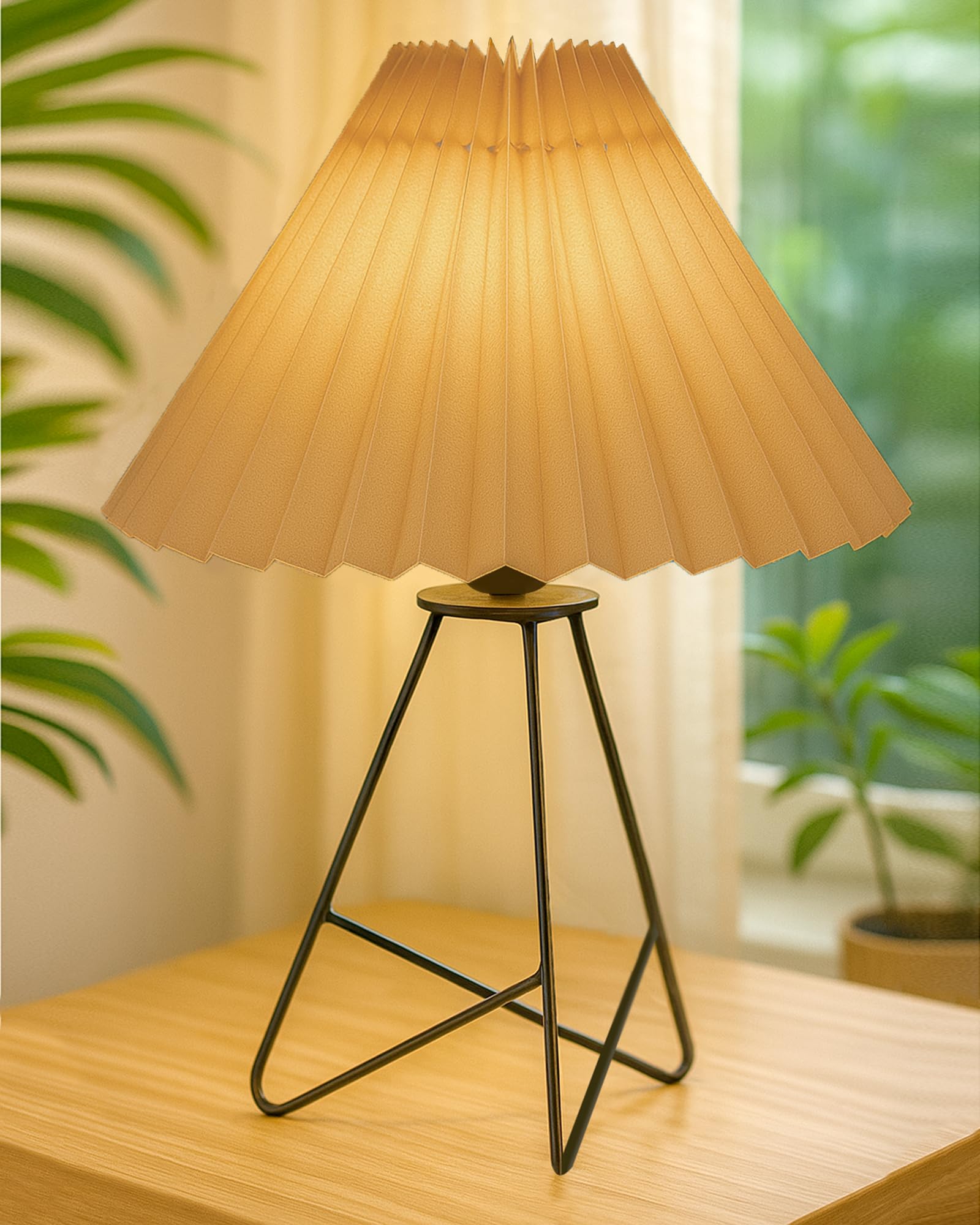 Homesake® Retro Matt Black Table Lamp | Iron Tripod Base, E27 Bulb Holder | Lamps for Bedroom, Bedside, Living Room, Study, Desk, Warm Night Lamp, Light, Pleated Fabric, (Hazelnut)