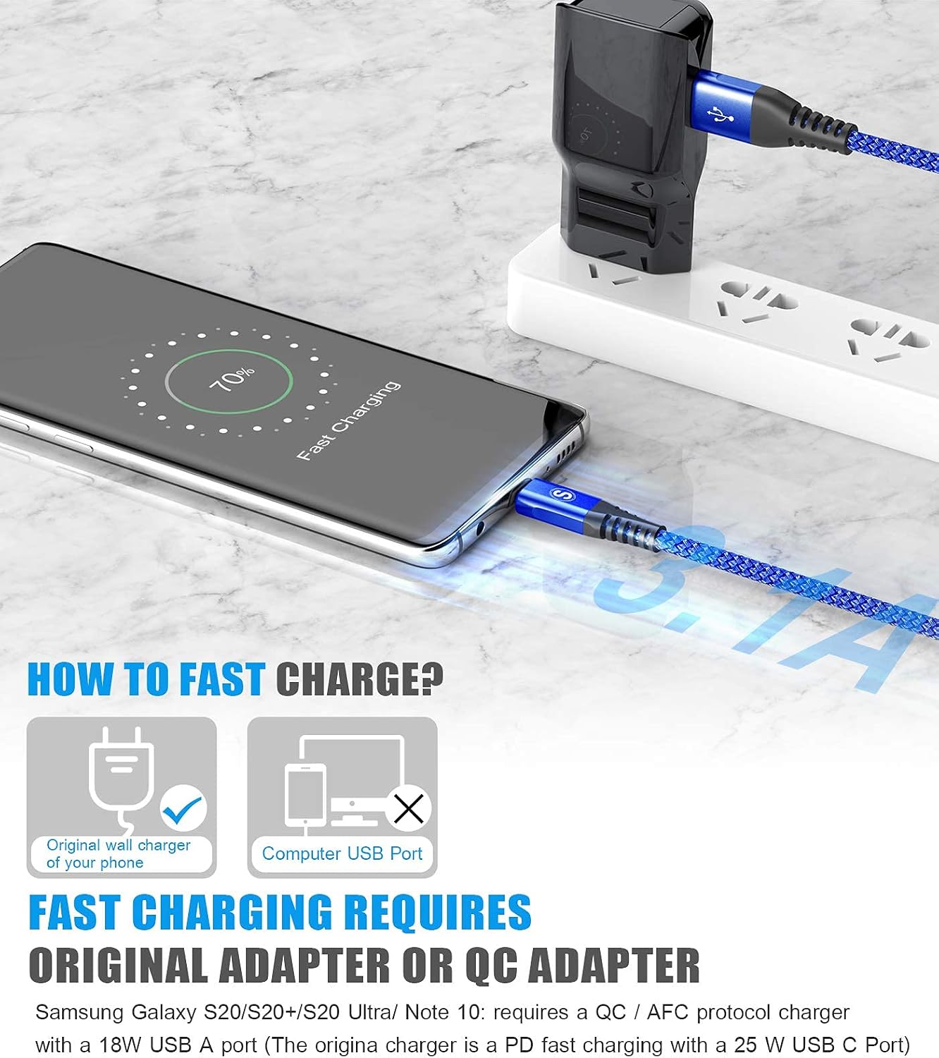 USB Type C Cable 3.1A Fast Charging [3Pack,10ft+6.6ft+3.3ft],Sweguard USB-A to USB-C Charger Nylon Braided Cord for Samsung Galaxy S21 S20 S10 S9 S8 Plus,Note 20 10 9 8 7,A71 A51 A32,LG,Moto,PS5-Blue
