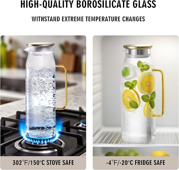 GLASKEY 2200ml Square Glass Pitcher with Lid and Handle for Fridge,Borosilicate Glass Carafe for Hot or Cold Drink, Large Glass Jug for Iced Tea,Coffee,Juice,Homemade Beverage (Gold)