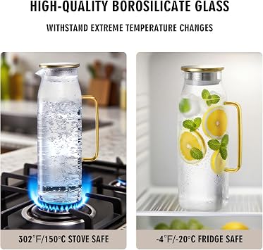 GLASKEY 2200ml Square Glass Pitcher with Lid and Handle for Fridge,Borosilicate Glass Carafe for Hot or Cold Drink, Large Glass Jug for Iced Tea,Coffee,Juice,Homemade Beverage (Gold)