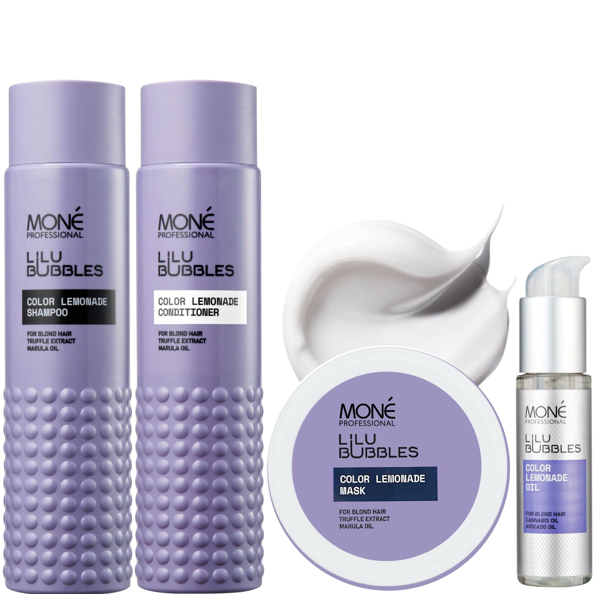 MONÉ PROFESSIONAL - Lilu Bubbles Shampoo & Conditioner Set - Bleached & Blonde hair - 300 ml (2) (4Blue), 75 ml (Pack of 4)