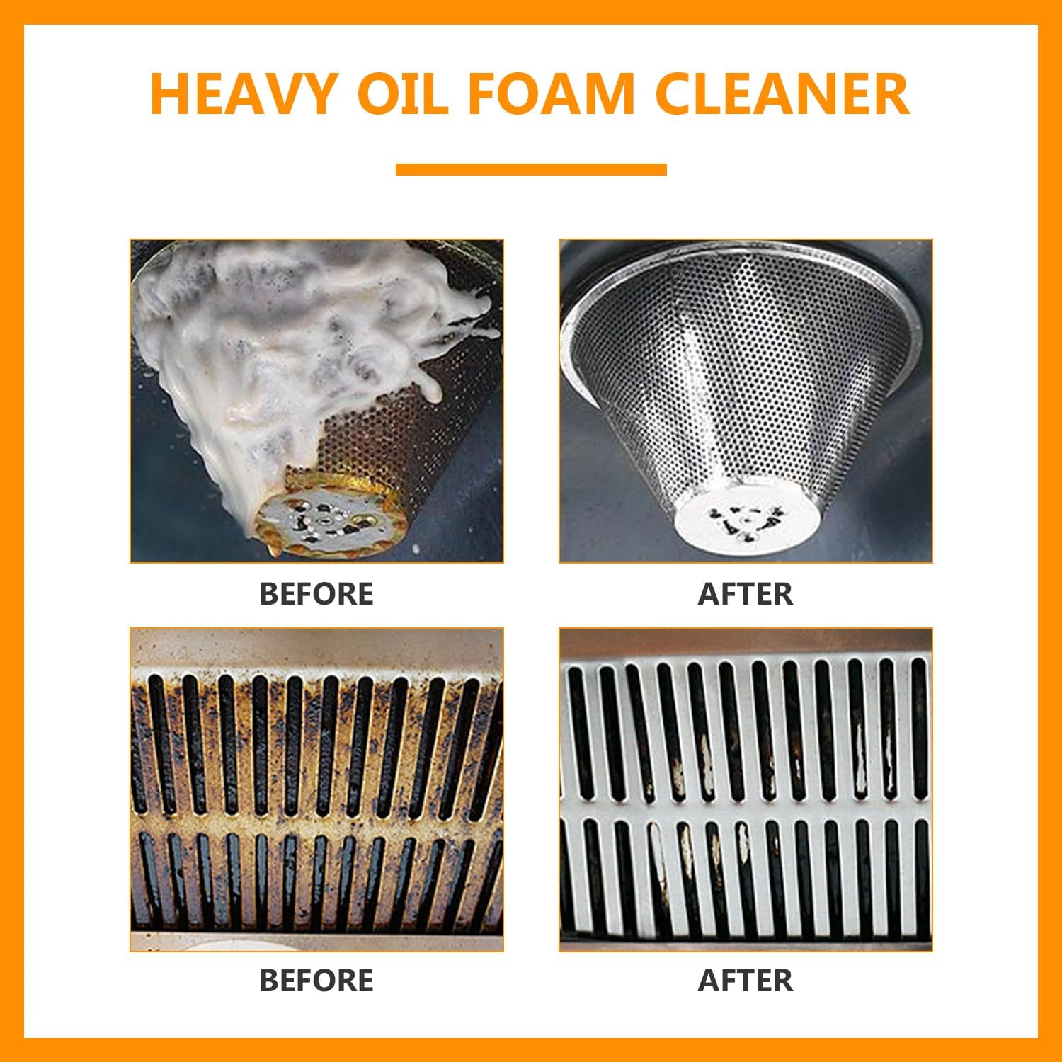 Collage of six images showing various kitchen areas where RICOO Splash Foam Spray can be used, including stovetops, range hoods, sinks, and ovens.