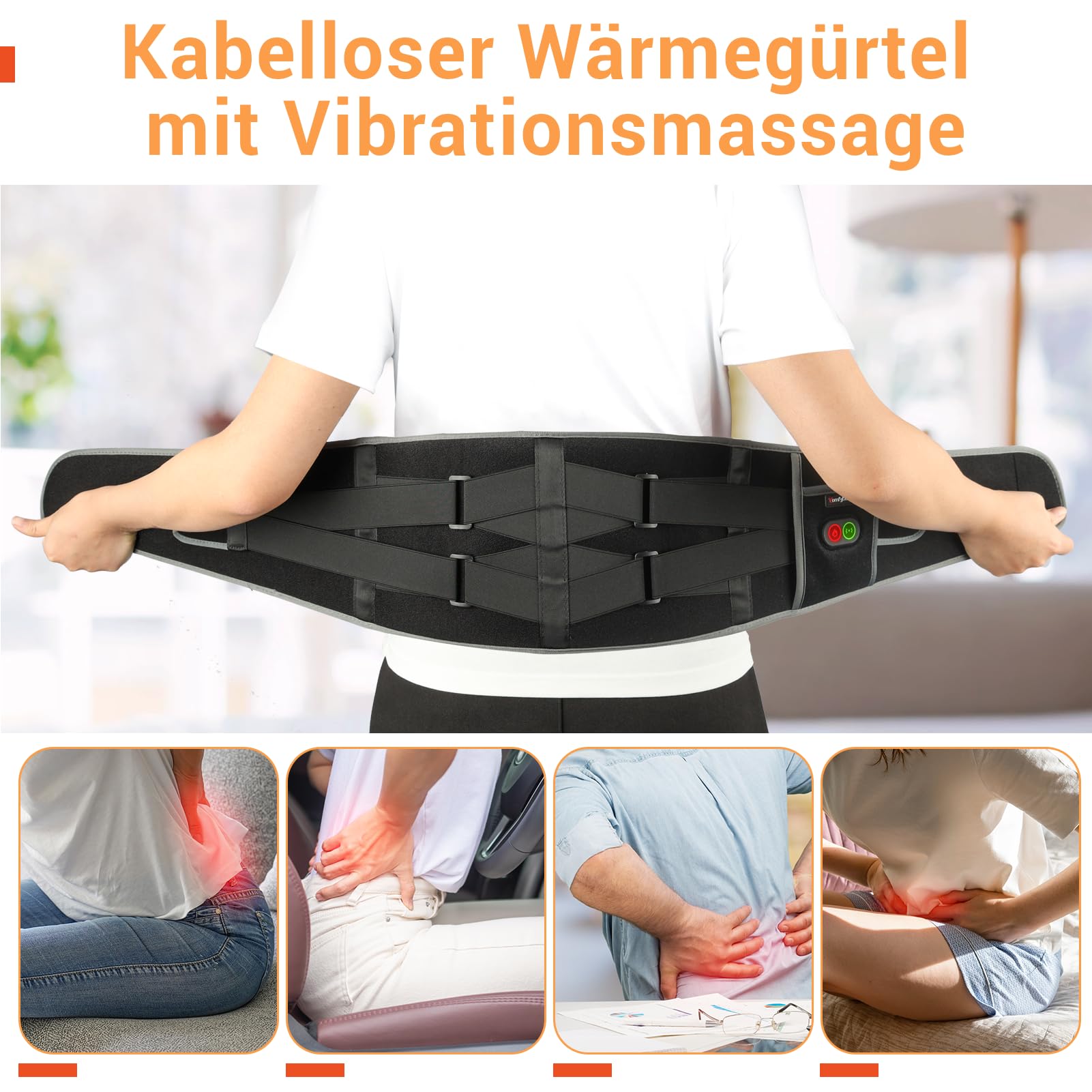 Comfytemp Wärmegürtel Vibrationsmassage für Rücken mit 25Wh Akku,155x20cm Kabellos Massagegerät mit Kompressionsband, Rückenwärmer Heizgürtel USB Heizkissen Geschenke für Mütter, Frauen, Mama, Papa