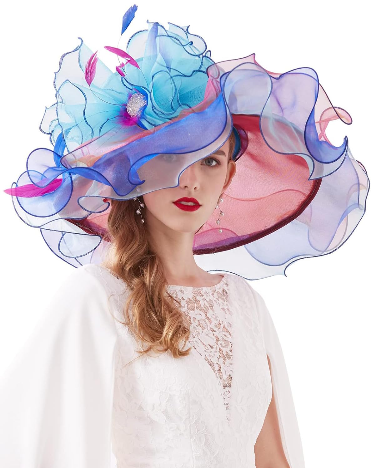ELLYDOOR Women Derby Church Hat Organza Flower Wedding Tea Party Fascinator Hat Wide Brim Sun Hat