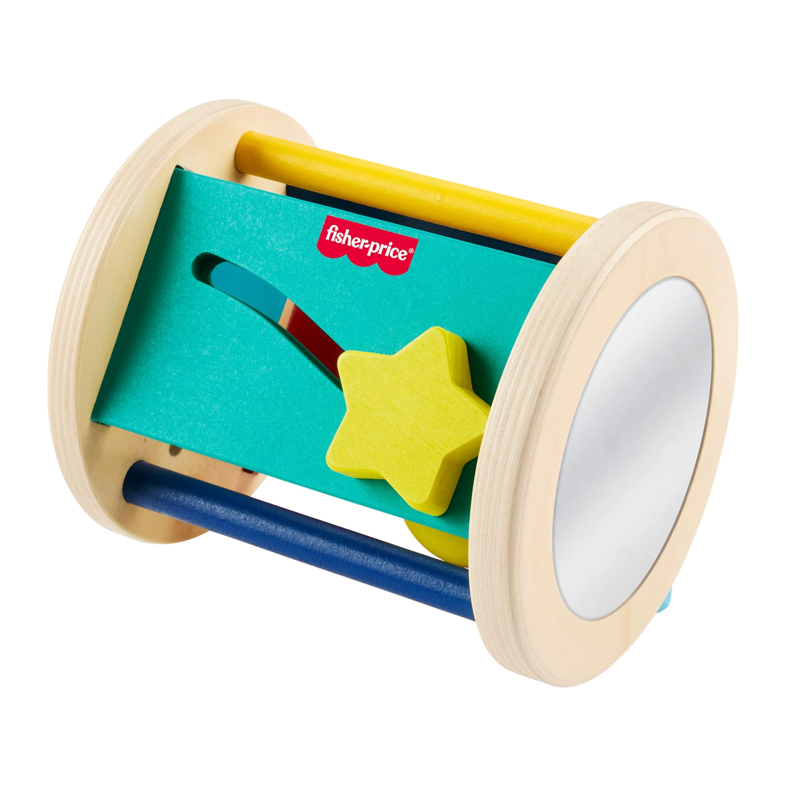 Fisher-Price - Rullo Gattona con Me, Giocattolo in Legno Che stimola Il Gattonamento, Suoni sensoriali, levette cercaforme e Specchio per la Scoperta di sè Inclusi, 6+ Mesi, JKH17