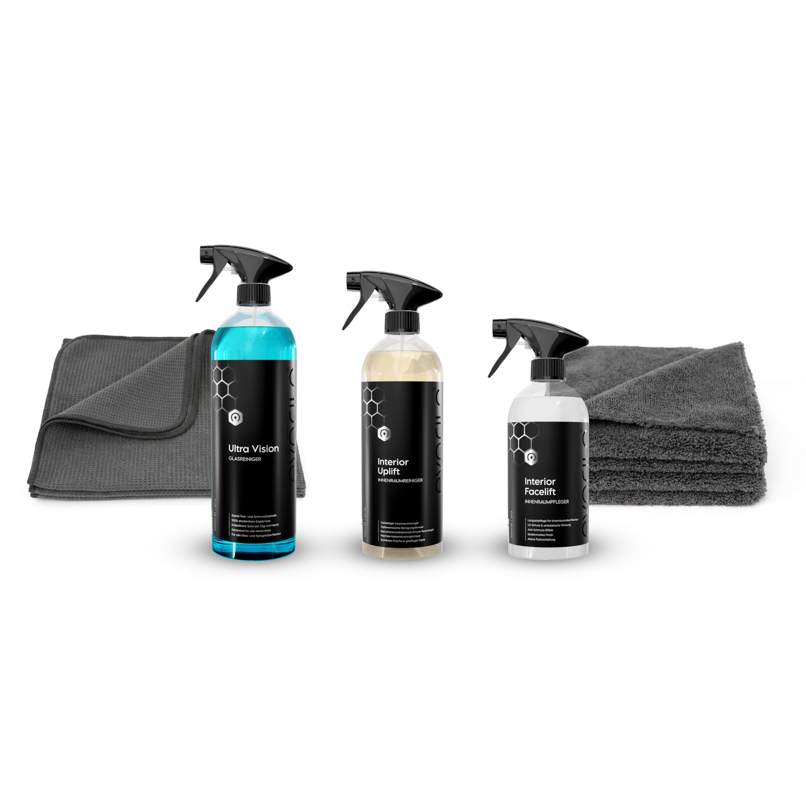 Autopflege Set Innenraum | Innenraumreiniger 750ml + Pfleger 500ml + Glasreiniger 1L + Mikrofasertücher | 5-teilig