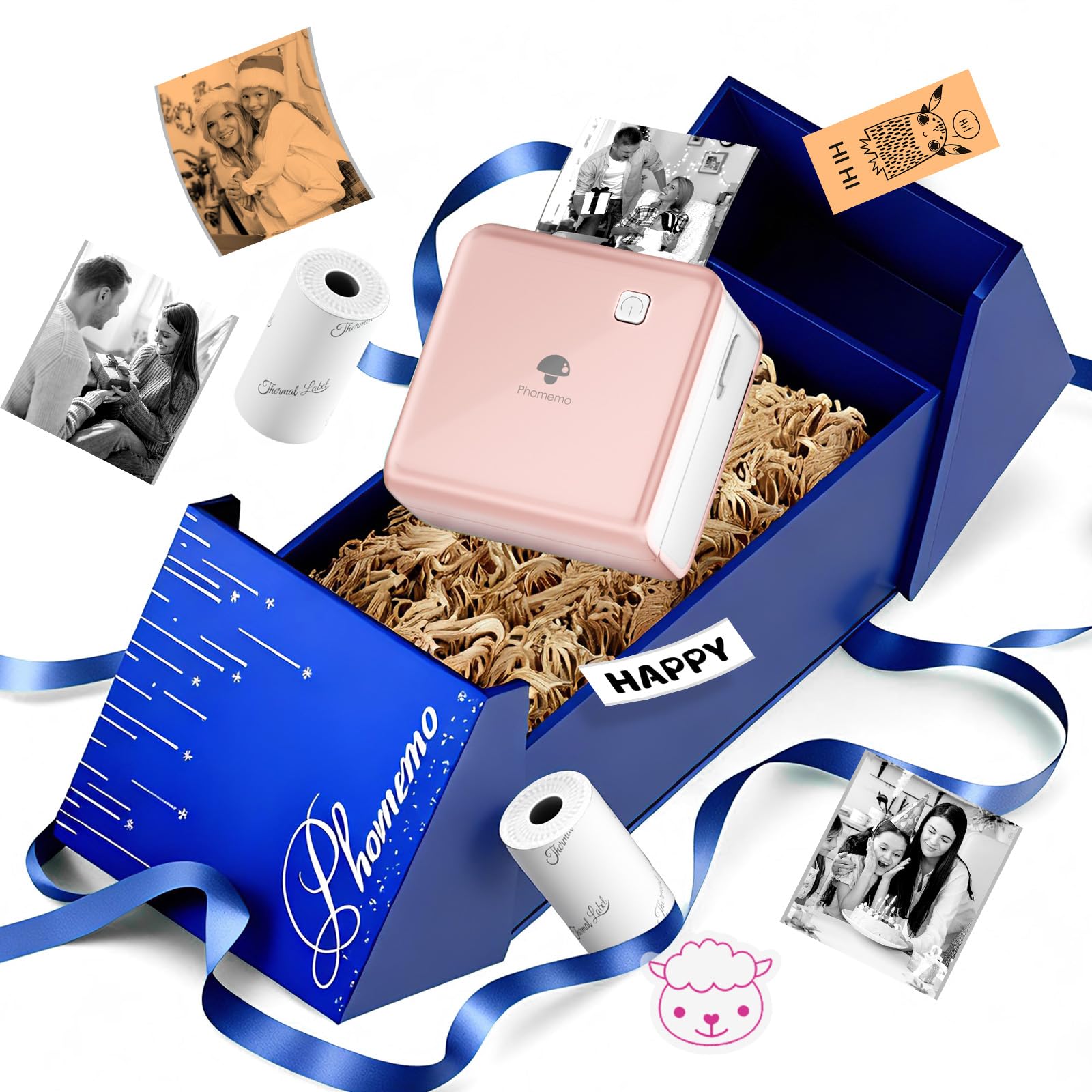 stampante portatile mini phomemo con connessione bluetooth e 3 rolli carta rosa