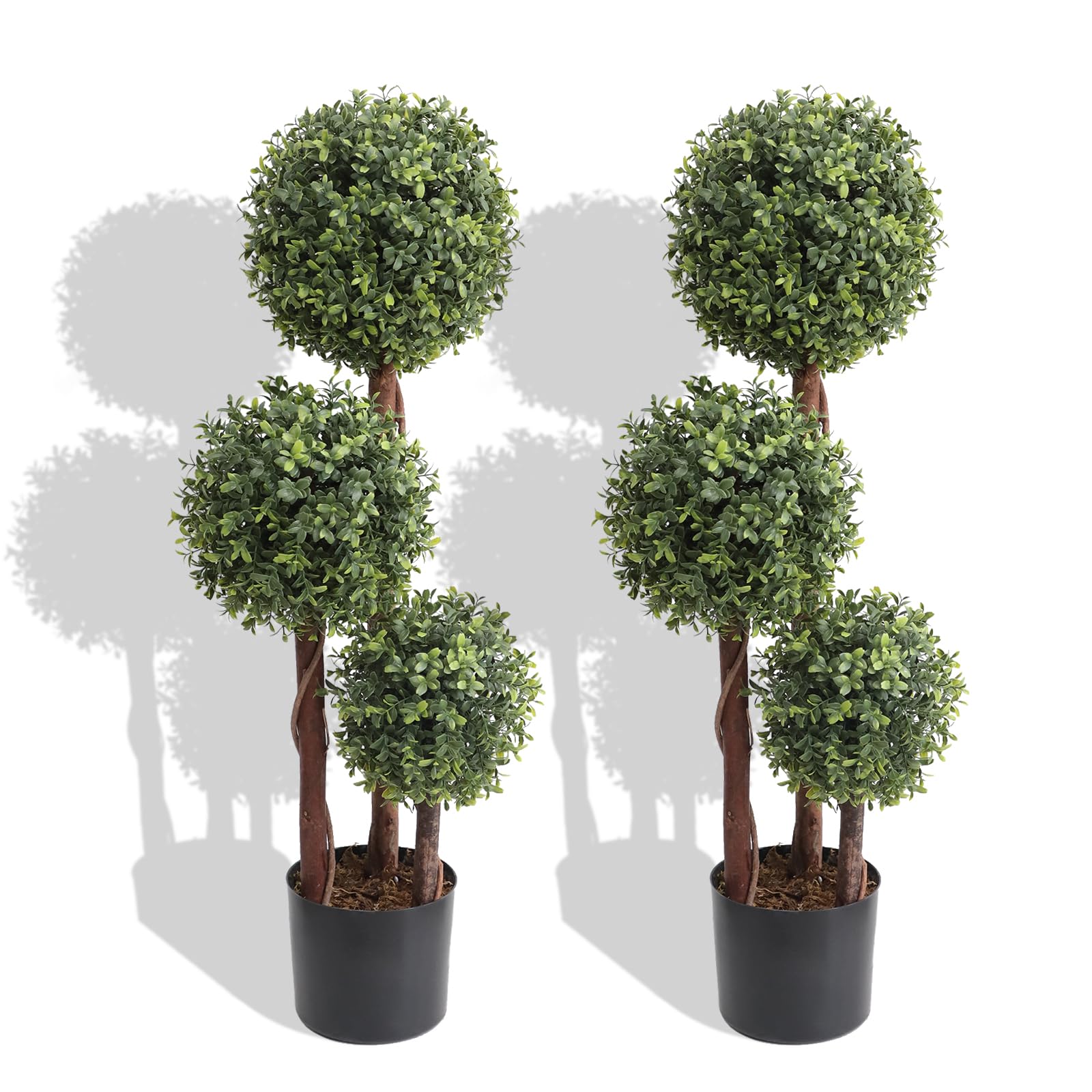 Photo 1 of 3ft Artificial Topiary Boxwood Ball Trees, Fake Topiaries Triple Ball Tree Outdoor, 35inch Faux Boxwood Plants Potted Green Decorative Indoor or Garden (2 Pieces) Green 35 inch