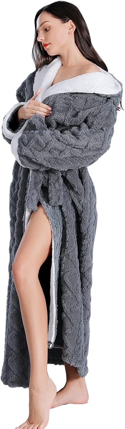 LKG women's robes long plush hooded ladies shower luxury christmas warm fuzzy robes house coat bathrobe for women full length - Image 3