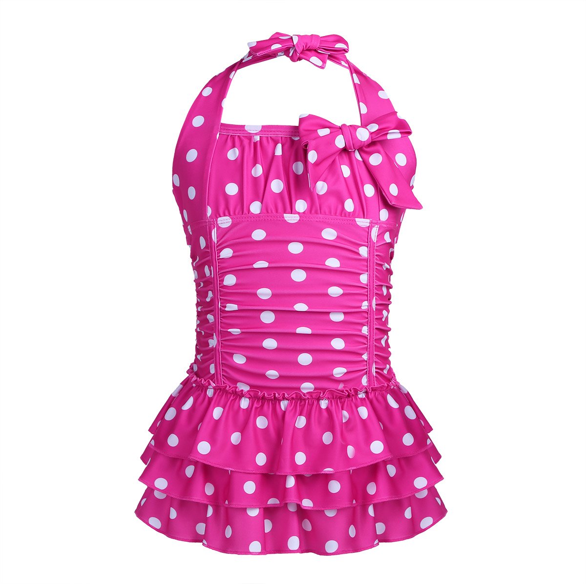 TTAO Kids Girls Swim Dress One Piece Swimsuits Adjustable Halter Polka Dots Bathing Suit Retro Ruffle Beachwear Rose 11-12