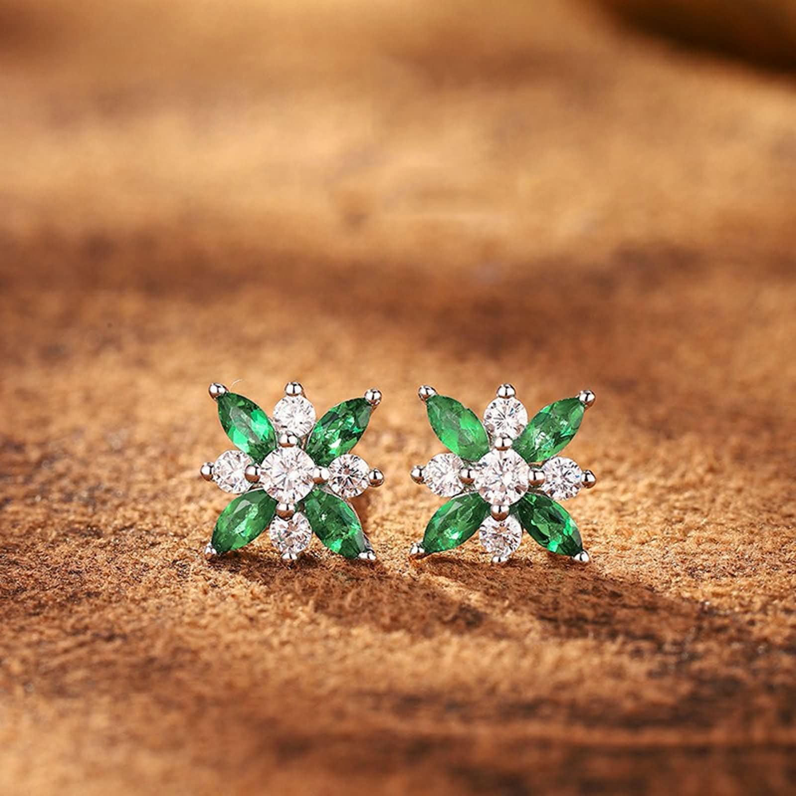 Weißgold Ohrringe 9K / 14K / 18 Karat für Damen, Blume mit Erstellter Smaragd 0,4 Karat und Moissanit, Durchzieher Damen Ohrringe Silber Grün