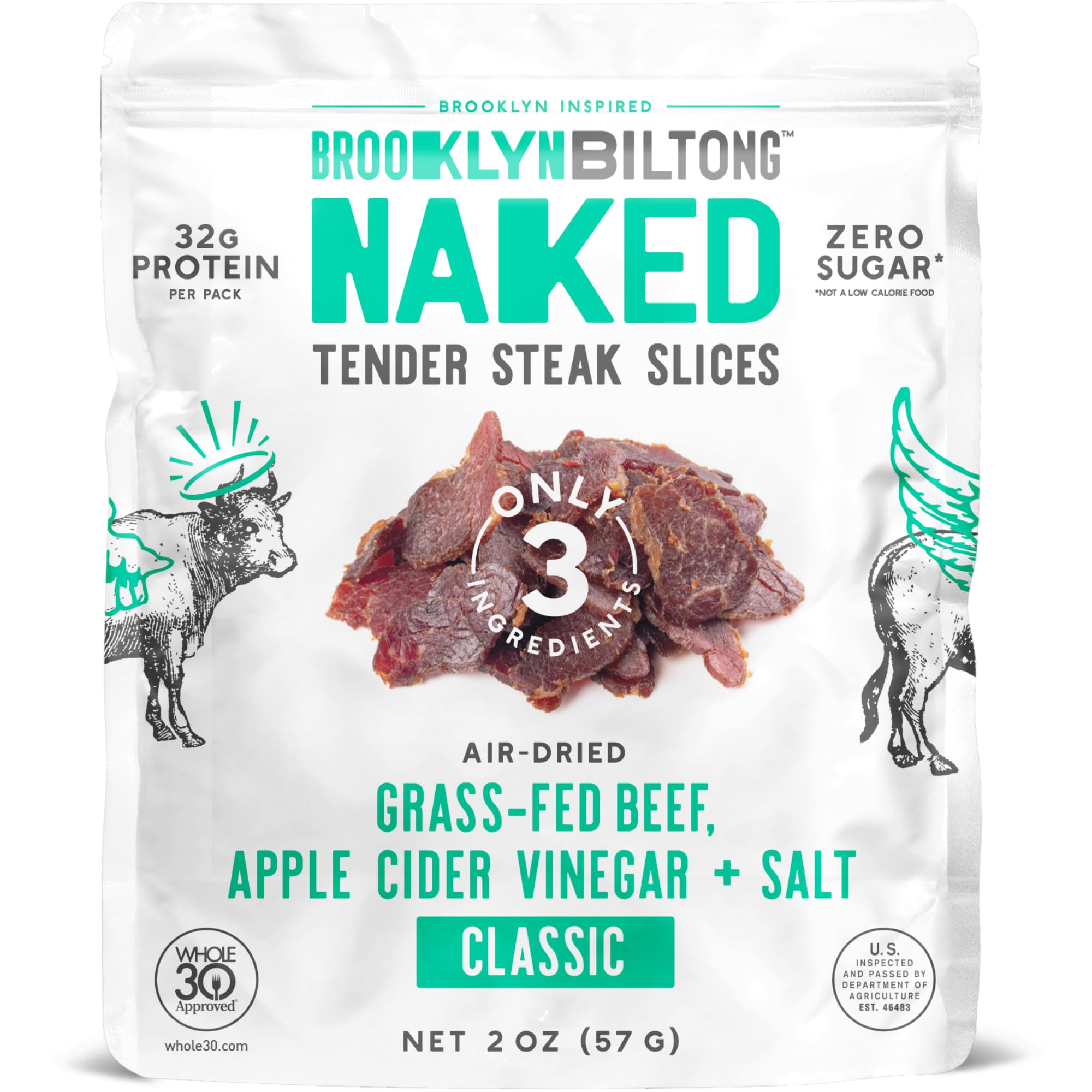 Brooklyn Naked Tender Slices Air Dried Grass Fed Beef Snack, Stripped down Clean Beef Jerky (2oz, Pack of 8) - AIP, Approved, Whole30 Approved, Paleo, Keto, Gluten Free, Sugar Free, Made in USA - (Naked Classic)