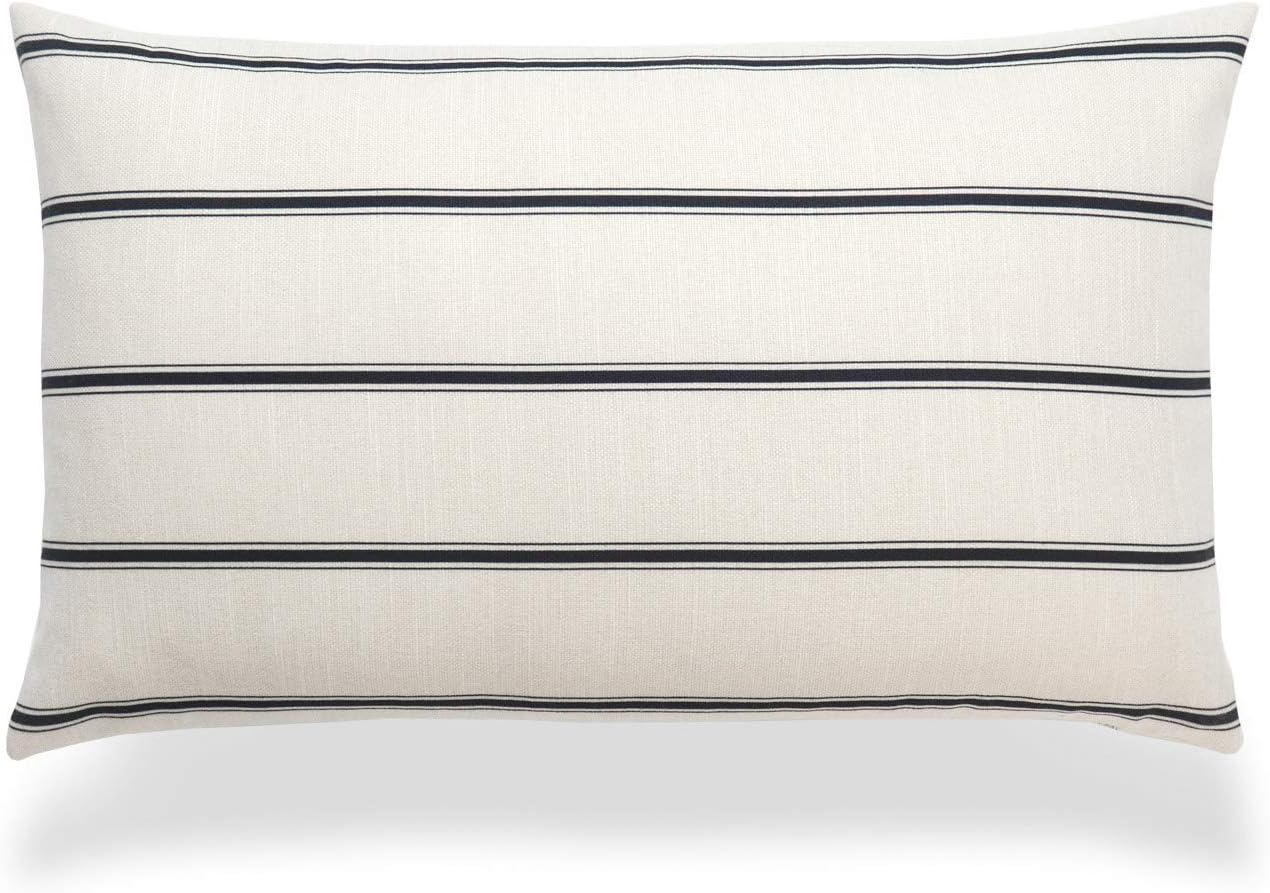 Mid Century Neutral Decorative Lumbar Pillow Cover Only, Black Beige Stripes, 12"x20"