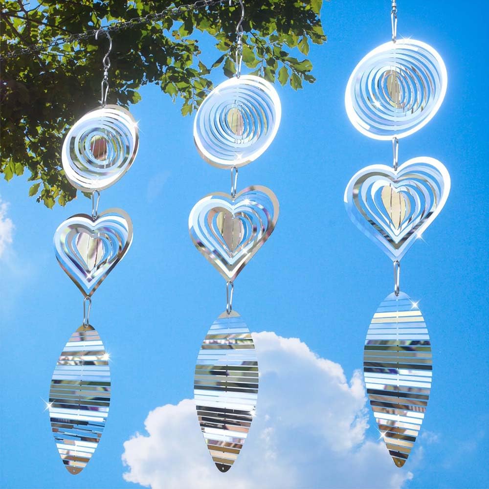 Metal Bird Scare Discs Set, Wind Spinner 3D Hanging Wind Sculptures, Bird Scare Devices Outside Outdoor Garden Decor, Mirrored Wind Chime to Scare Birds Away from Yard Patio Farm (2Set 6Pcs)