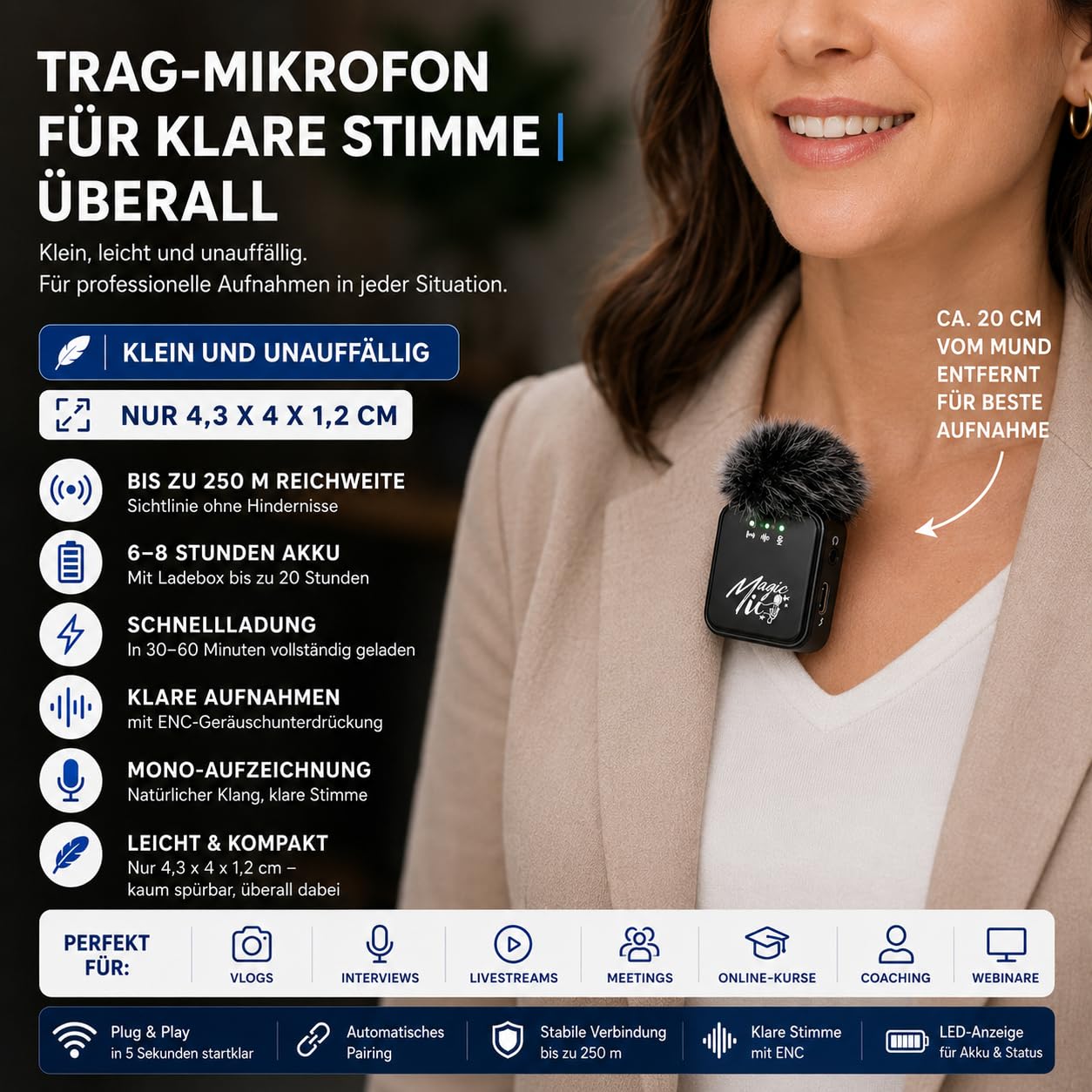 MagicMic™ 2in1 Mikrofon (3. Generation) Content Creation, Lavalier-Funkmikrofon mit Geräusch­unterdrückung für PC, iPhone, Interviews, YouTube, Vlogs (2 Sender + 1 Empfänger + Ladebox + Adapter)