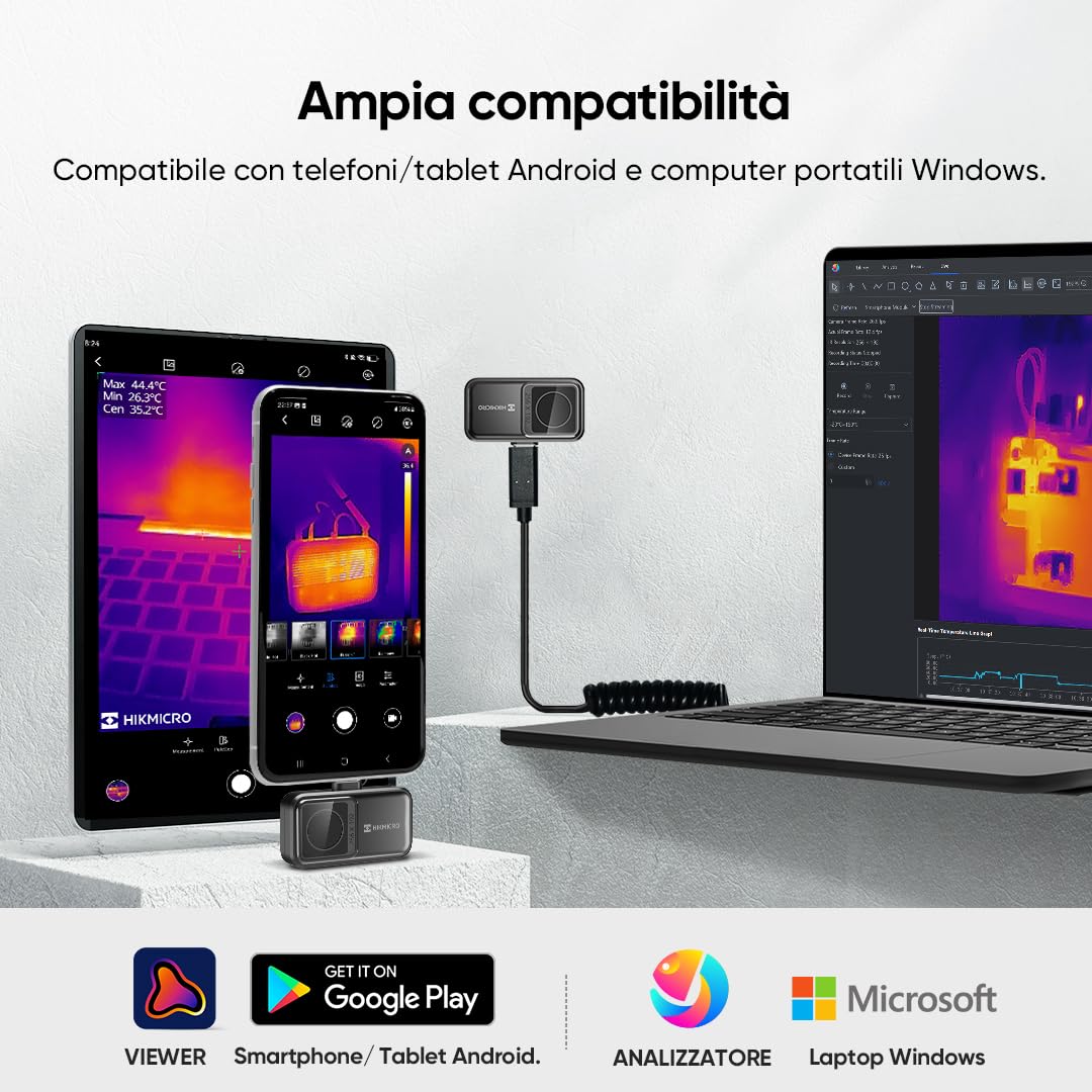 Termocamera HIKMICRO Mini2 Android, risoluzione IR 256 x 192, termocamera per Android, frequenza di aggiornamento 25 Hz, grandangolo 50°, 49.152 pixel, da -20 °C a 350 °C, USB-C (non per iPhone)