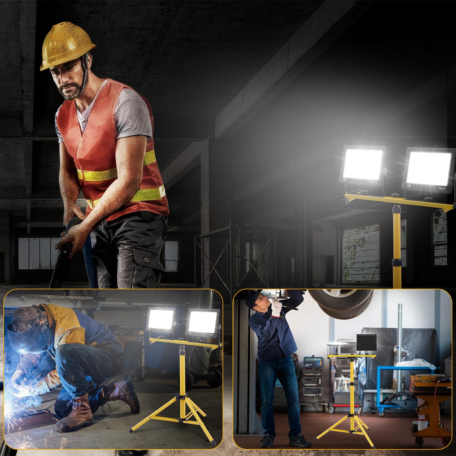 Projecteur LED Chantier avec Trépied, 200W 20000LM 6500K Projecteur Chantier vec Trépied Réglable, Rotation à 360°, luminosité réglable 200W 100W 50W, Étanche IP66 Projecteur de Chantier Pour Chantier