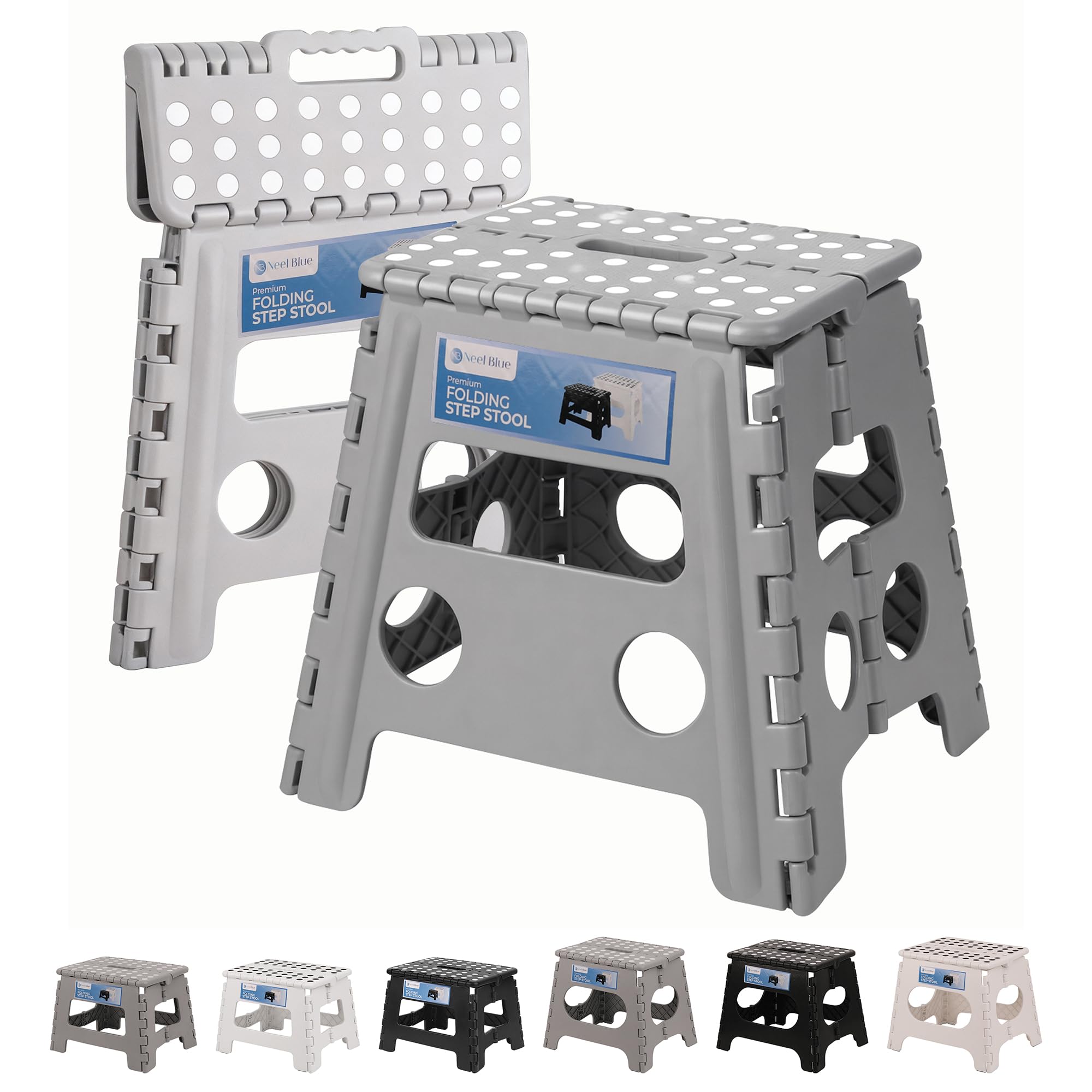 Trimming Shop Heavy Duty 13 Inch Folding Step Stool with Carry Handle, Anti Slip Surface Portable Plastic Camping Stool for Kitchen, Bathroom, Indoor/Outdoor Use, 330lbs Load Capacity - Light Grey