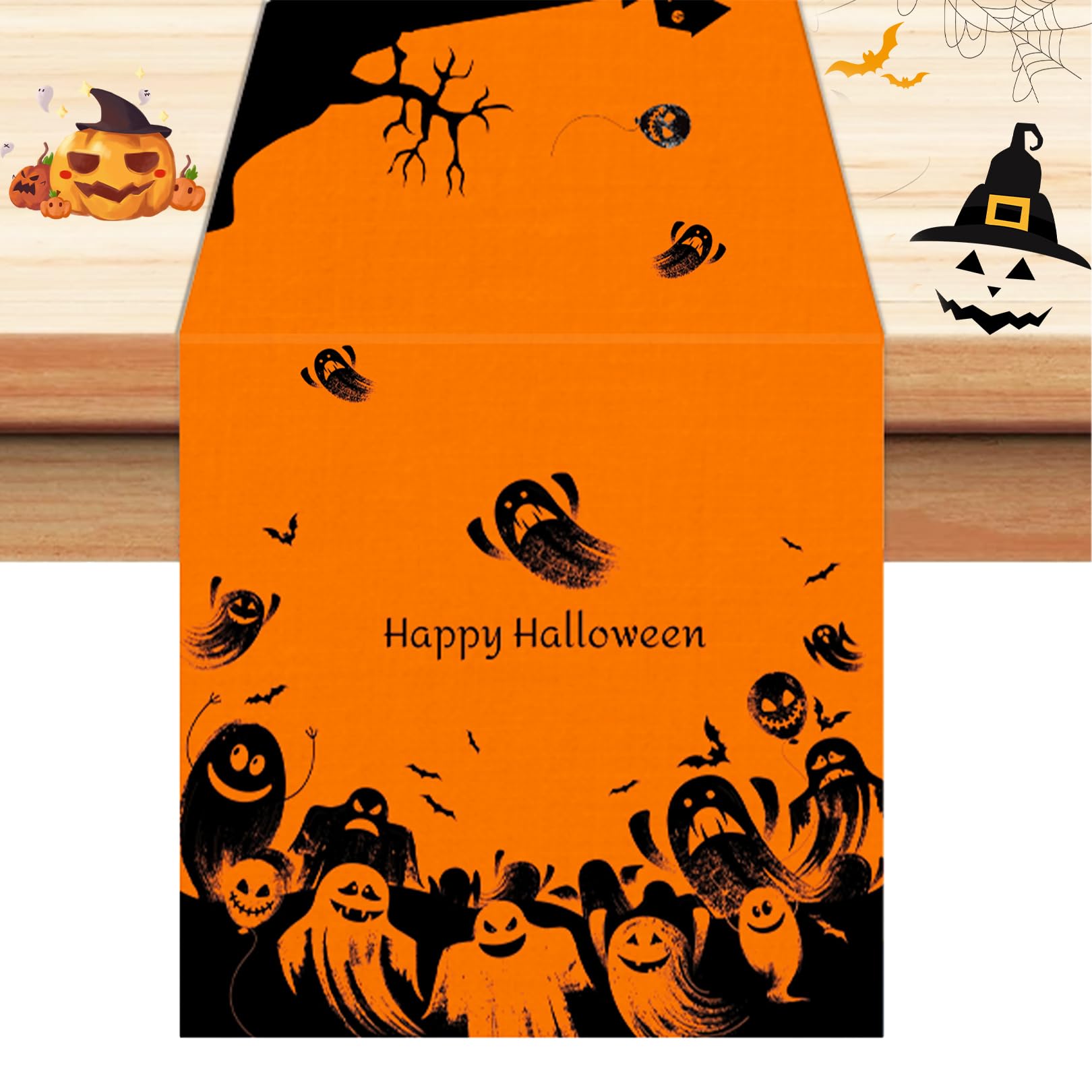 Halloween Decorataion Table Runner,72x13 inch Spooky Ghosts Oxford Tablecloth for Seasonal Fall Holiday Home Kitchen Dining Room Haunted House Indoor Outdoor Party Supply