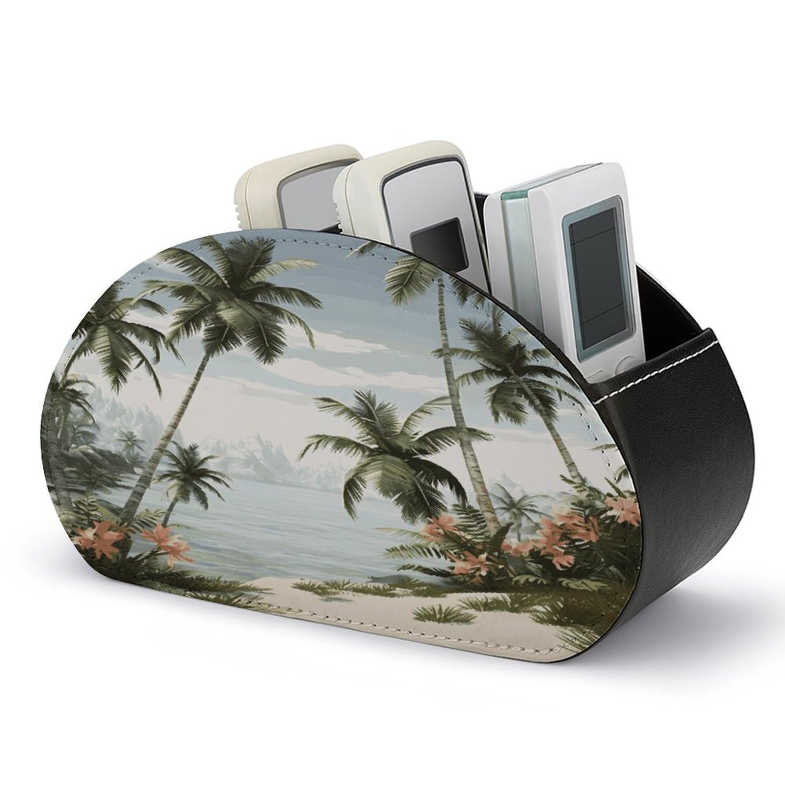 FekiLoot Tropical Palm Trees Remote Control Holder, PU Leather Remote Control Organizer Box Stationery Remote Control Box Desk Storage Organizer for DVDs,Glasses,Pens,Media Players