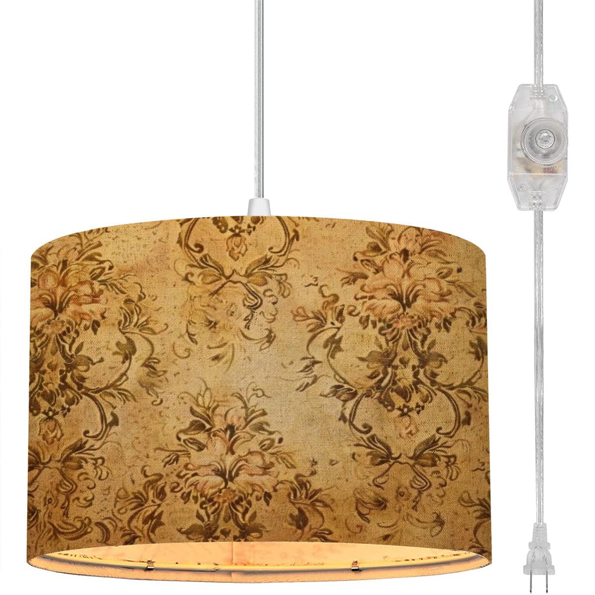 EFTOWELPlug in Pendant Light Vintage Golden Run Down Victorian Baroque Floral Pattern Hanging Lamp with Plug in Cord 16.4 ft Fabric Shade Dimmable Hanging Light for Living Room Kitchen Bedroom
