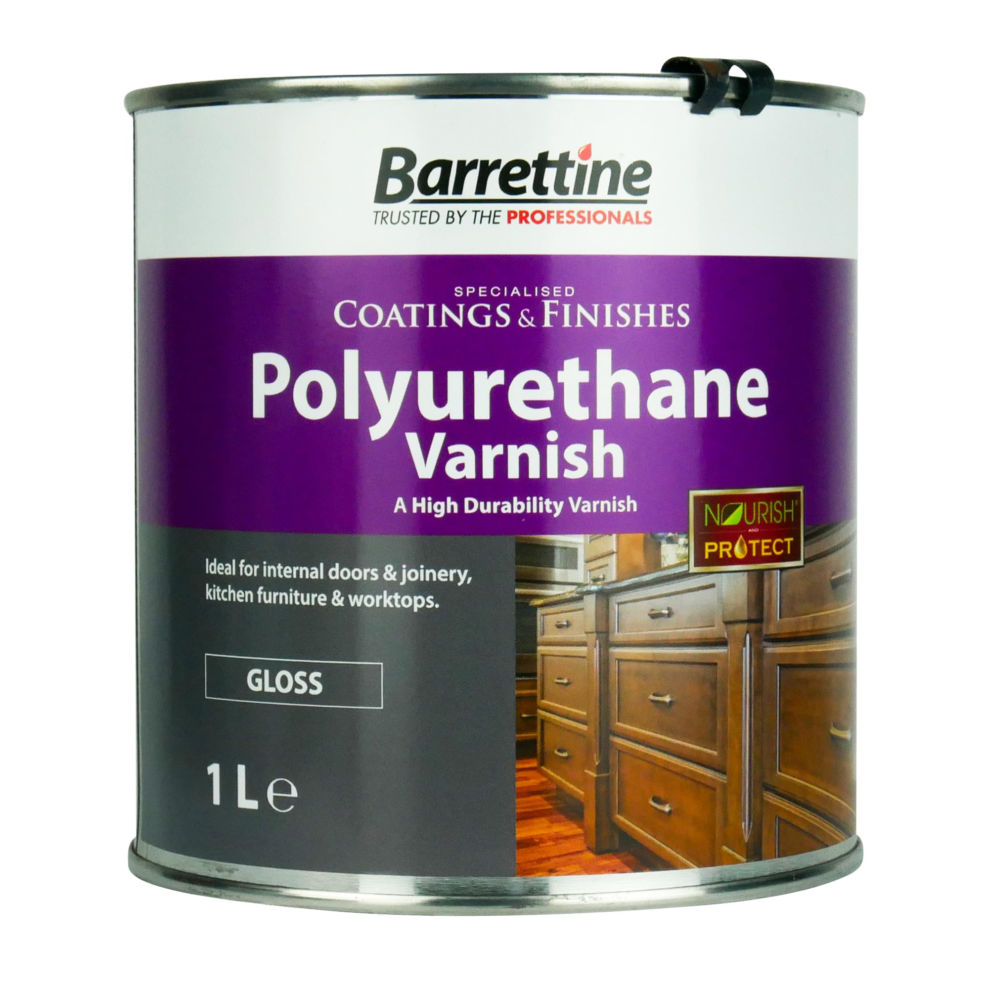 Barrettine Polyurethane Varnish (Gloss, 1L) - Highly Durable Polyurethane Wood Varnish with Clear Gloss Finish for Internal Doors & Joinery, Kitchen Furniture & Worktops