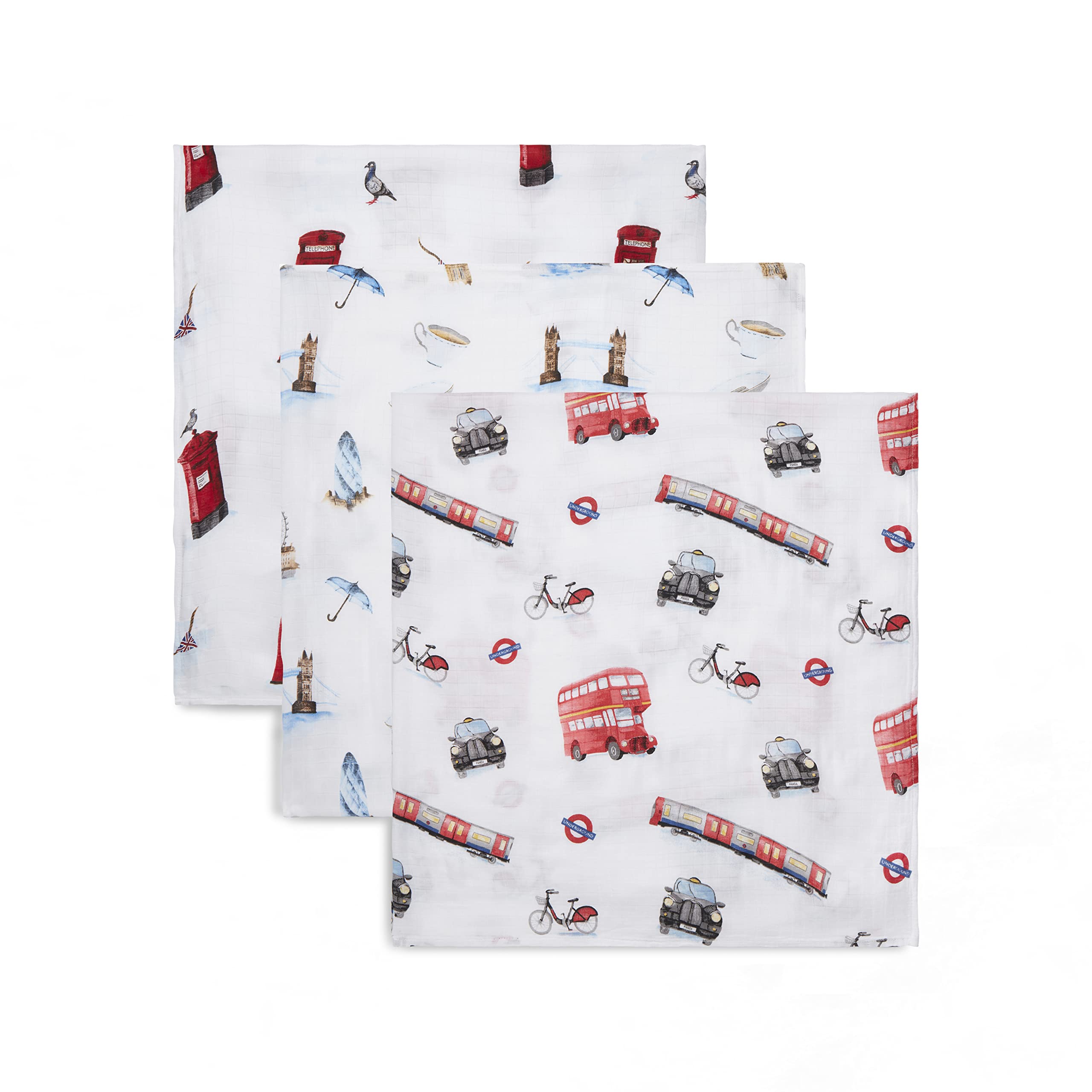 Panda® Paquete de 3 mantas de muselina de bambú para bebé, 120 x 120 cm, Londres, suave, transpirable y suave, multiusos, esencial para bebés y niños, gran regalo para recién nacidos, calma y