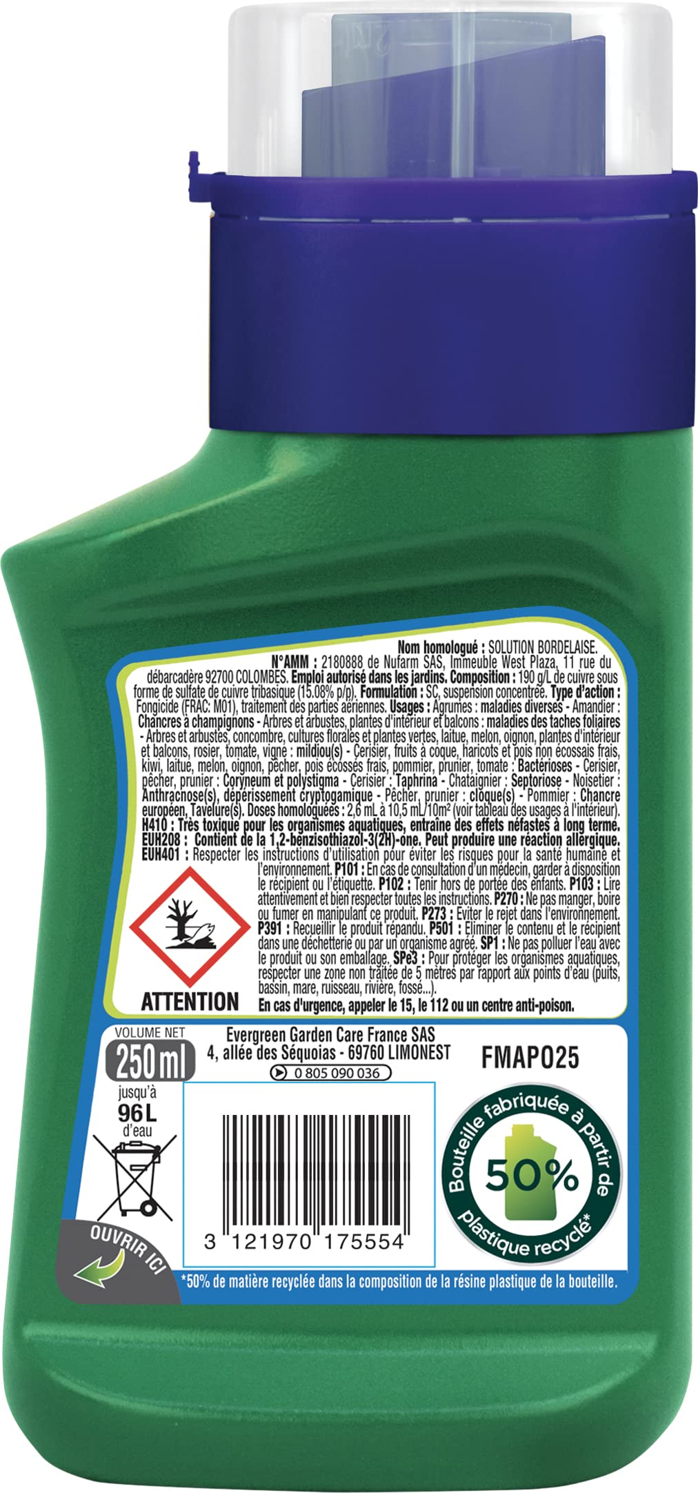 FERTILIGENE FMAPO25 -Anti-Maladies Potager & Arbres Fruitiers 250 ml - A base de cuivre liquide -Prévient et soigne les maladies sur fruits et légumes -Anti mildiou-A diluer jusqu’à 96L de préparation